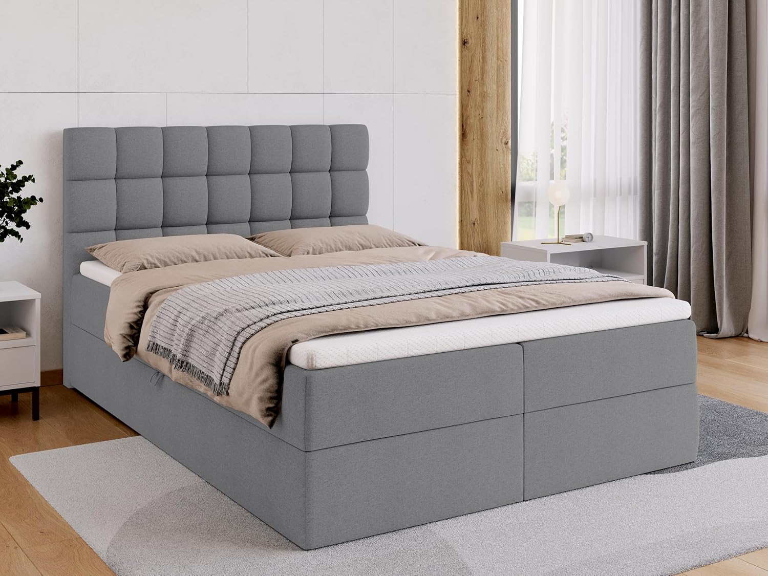 BROMARKT Boxspringbett mit Bettkasten Polsterbett mit Bonell-Matratze und Topper Bett für Schlafzimmer gepolstertes Kopfteil Dakota bonellfedern 140x200 Härtegrad H3 Grau Malmo