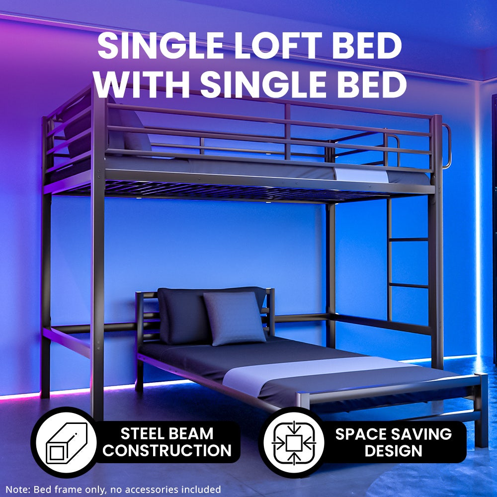 KINGSTON SLUMBER Single Loft Bed And Single Underbed, Multifunctional, Space Saving with Fixed Ladder, Matte Dark Grey