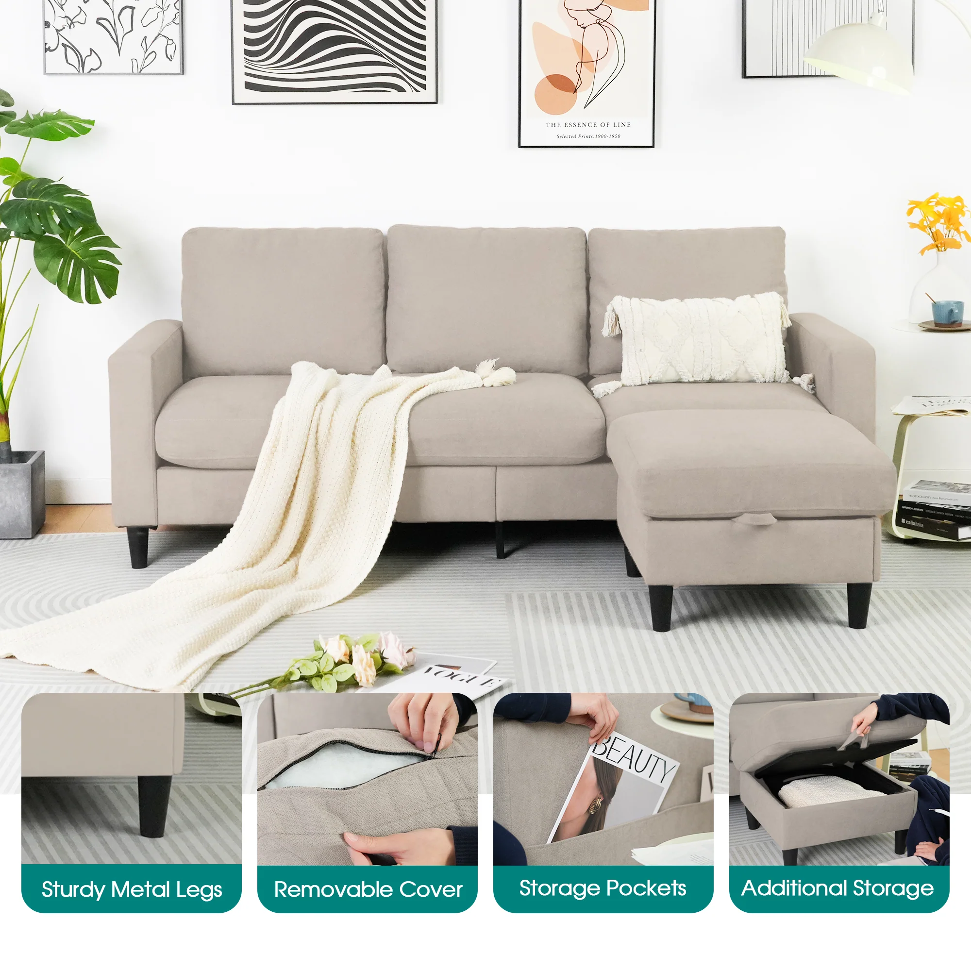 3 Seater Sofa Lounge Set Beige