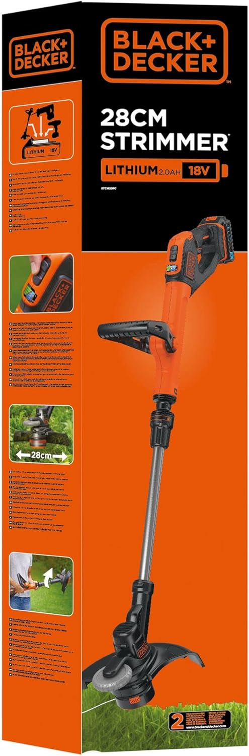 Black+Decker Rasentrimmer mit Akku Rasenkantenschneider Freischneider mit Fadenverlängerung auf Knopfdruck Fadenverlängerung (mit 1x18V 2.0 AH, 28 cm Schnittbreite, Einzelfaden 9 m/1,6 mm) STC1820PC
