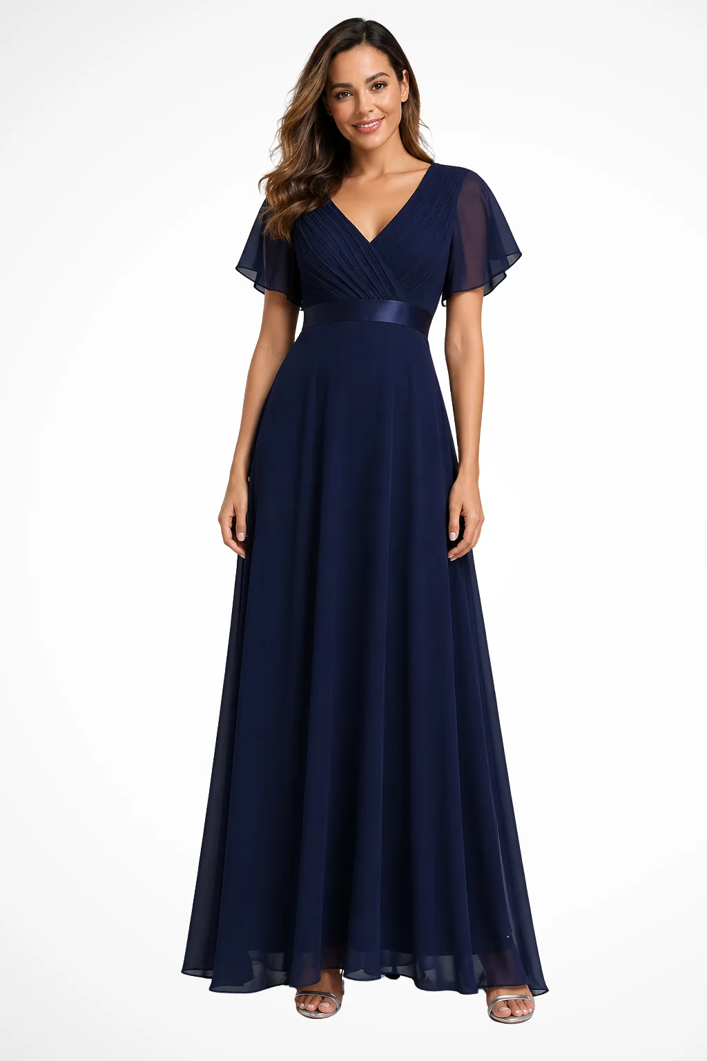Maxikleid Damen aus Chiffon | Festliches Kleid f��r Hochzeitsg?ste mit V-Ausschnitt und Flatter?rmeln | Flie?endes Abendkleid