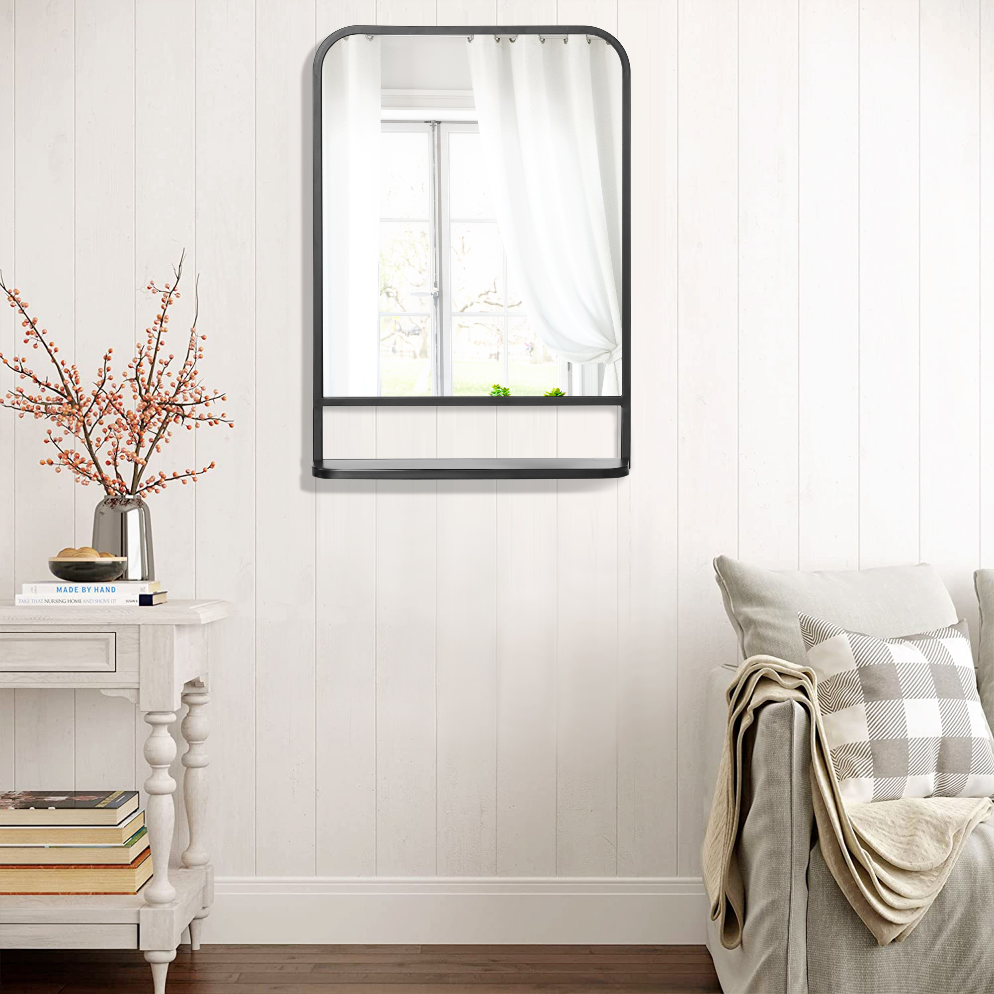 wandspiegel met metalen frame, afgeronde hoeken, 1 plank 70 cm x 10,2 cm x 50 cm zwart + zilver