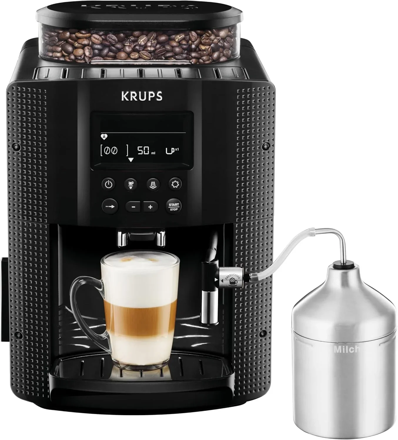 Krups Essential Kaffeevollautomat mit Milchschlauch, 2-Tassen-Funktion, LCD-Display, Einfache Reinigung, Kaffeemaschine, T��V-Siegel, Schwarz, EA816031