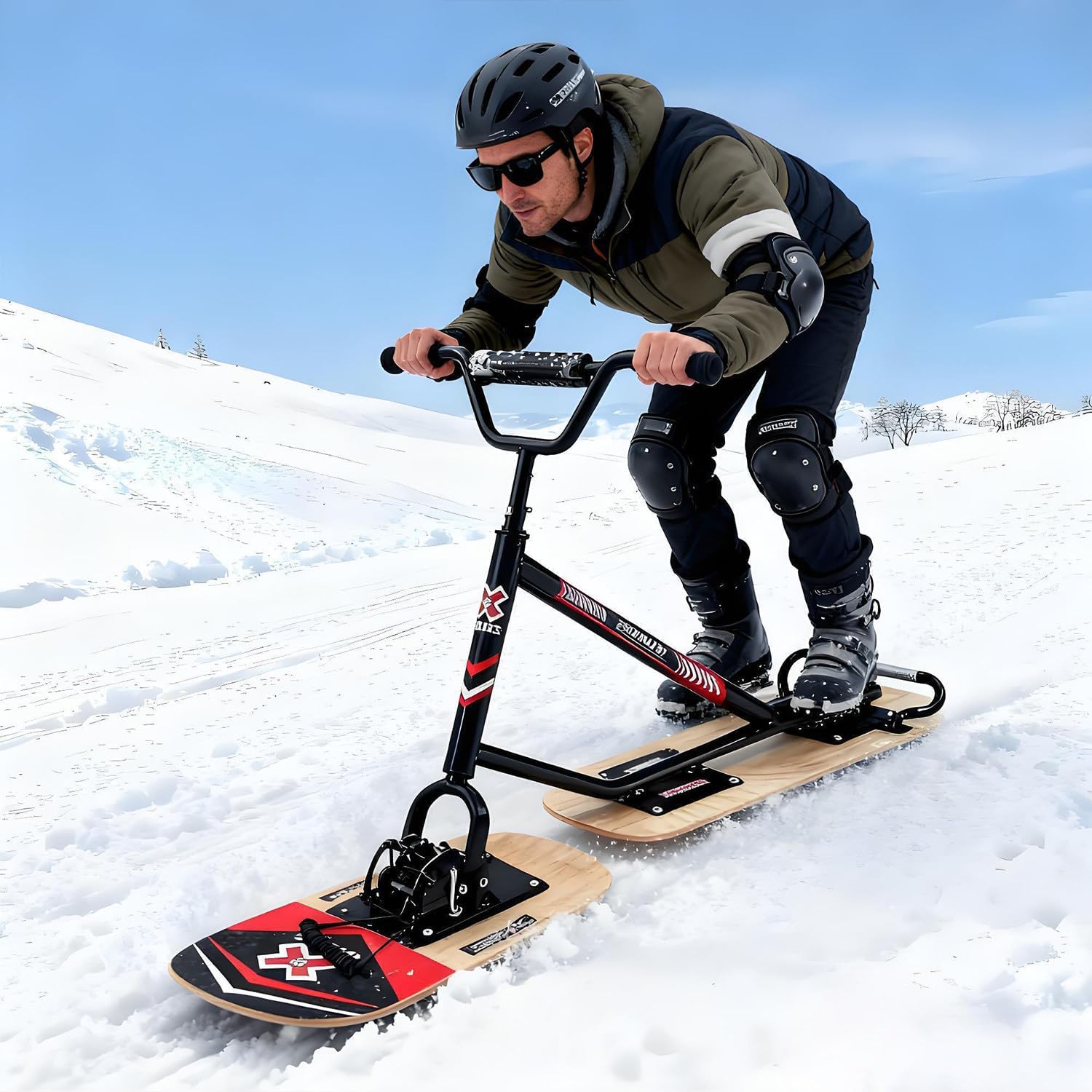 Schneeschlitten Für Erwachsene, Snowboards, Mit 360°-Hinterrad-Drehskier, Dreifach Verstärkt, Doppelboard-Design, 150 Kg Tragfähigkeit, Für Outdoor-Sportarten Und Snowparks WoodColor