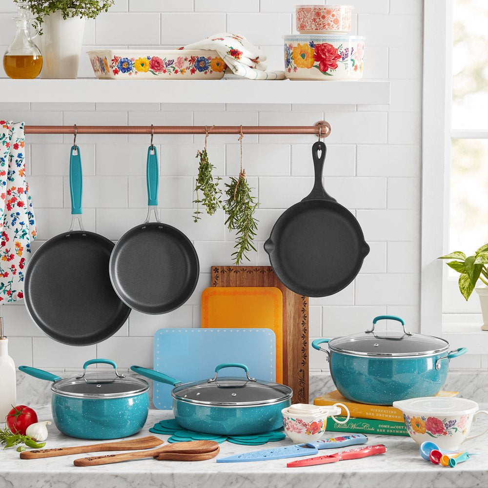 The Pioneer Woman Brilliant Blooms 38-Piece Cookware Set, Teal – Complete Kitchen Solution with Floral Design