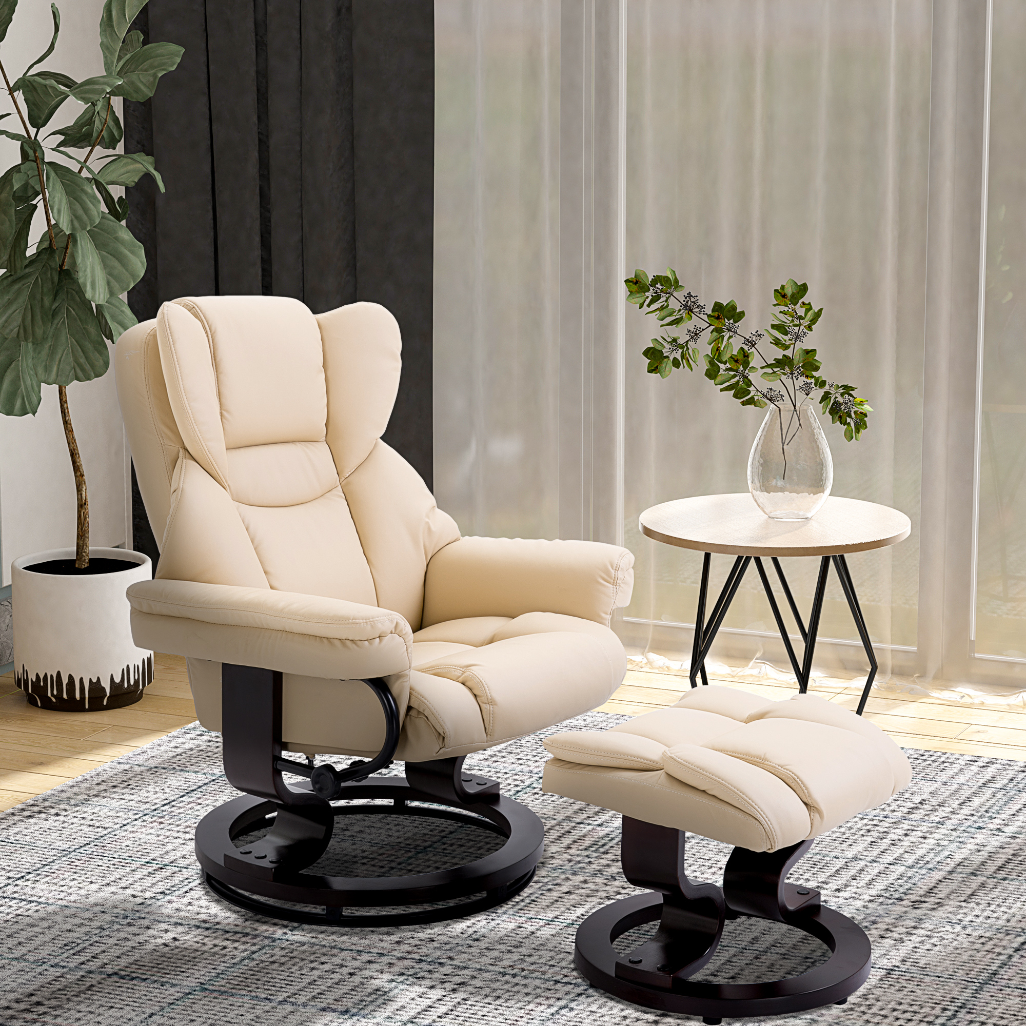 Fauteuil met kruk, ligfunctie, draaibaar, tot 160 kg, kunstleer, metalen frame, cr��me, 80 x 79 x 100 cm