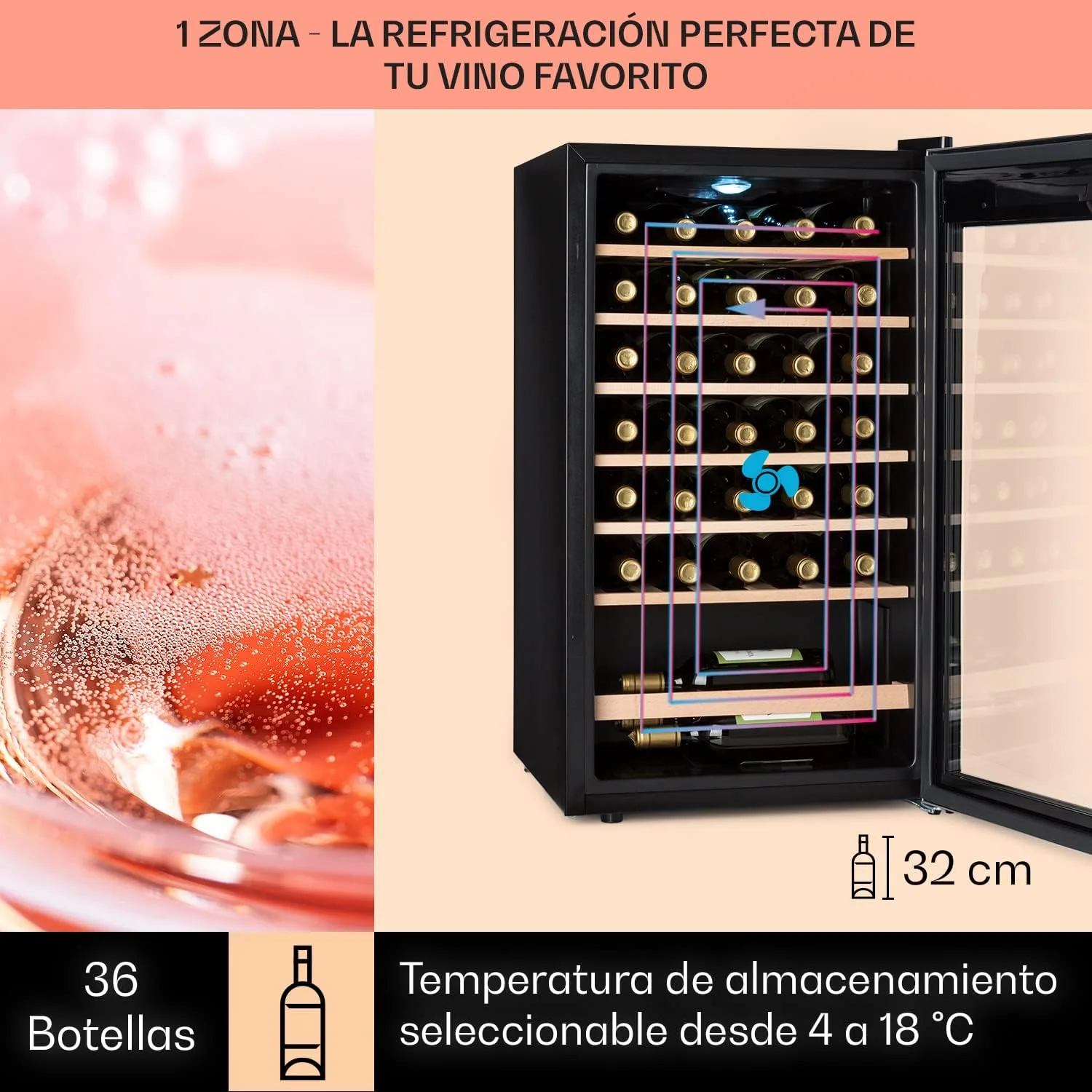 Klarstein Vinoteca 36 Botellas, Nevera Vinos, Una Zona de Refrigeración, Nevera Expositora Vino y Cerveza, Vinoteca Interior y Exterior con Puerta de Cristal, Nevera Vino con Protección UV, 4-18°C