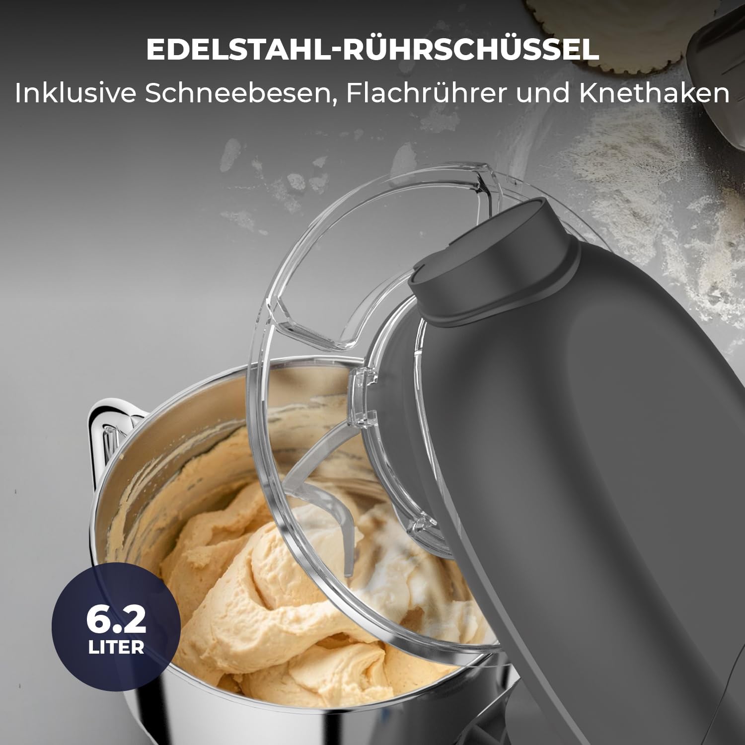 Fentic 6-in-1 Küchenmaschine – 2000W – Mit Fleischwolf, 1,5L Entsafter, Gemüseschneider und Mehr – Knetmaschine mit 6,2L Rührschüssel, Rührhaken, Knethaken, Schlagbesen und Spritzschutz (Schwarz)