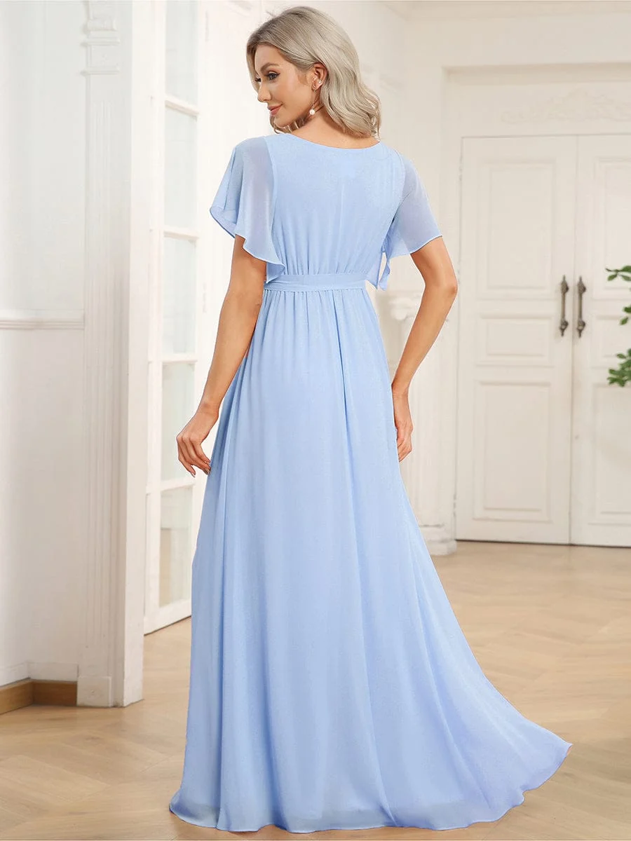 Abendkleid Damen Maxi A-Linie aus Chiffon | Festliches Kleid f��r Hochzeitsg?ste mit V-Ausschnitt und Fl��gel?rmeln