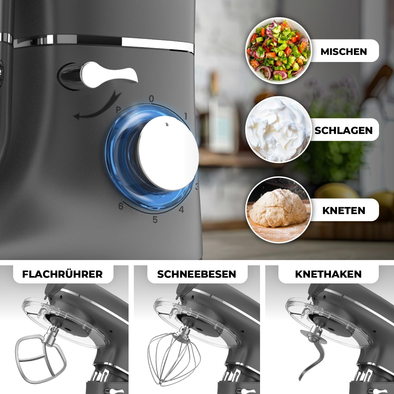 Fentic 6-in-1 Küchenmaschine – 2000W – Mit Fleischwolf, 1,5L Entsafter, Gemüseschneider und Mehr – Knetmaschine mit 6,2L Rührschüssel, Rührhaken, Knethaken, Schlagbesen und Spritzschutz (Schwarz)