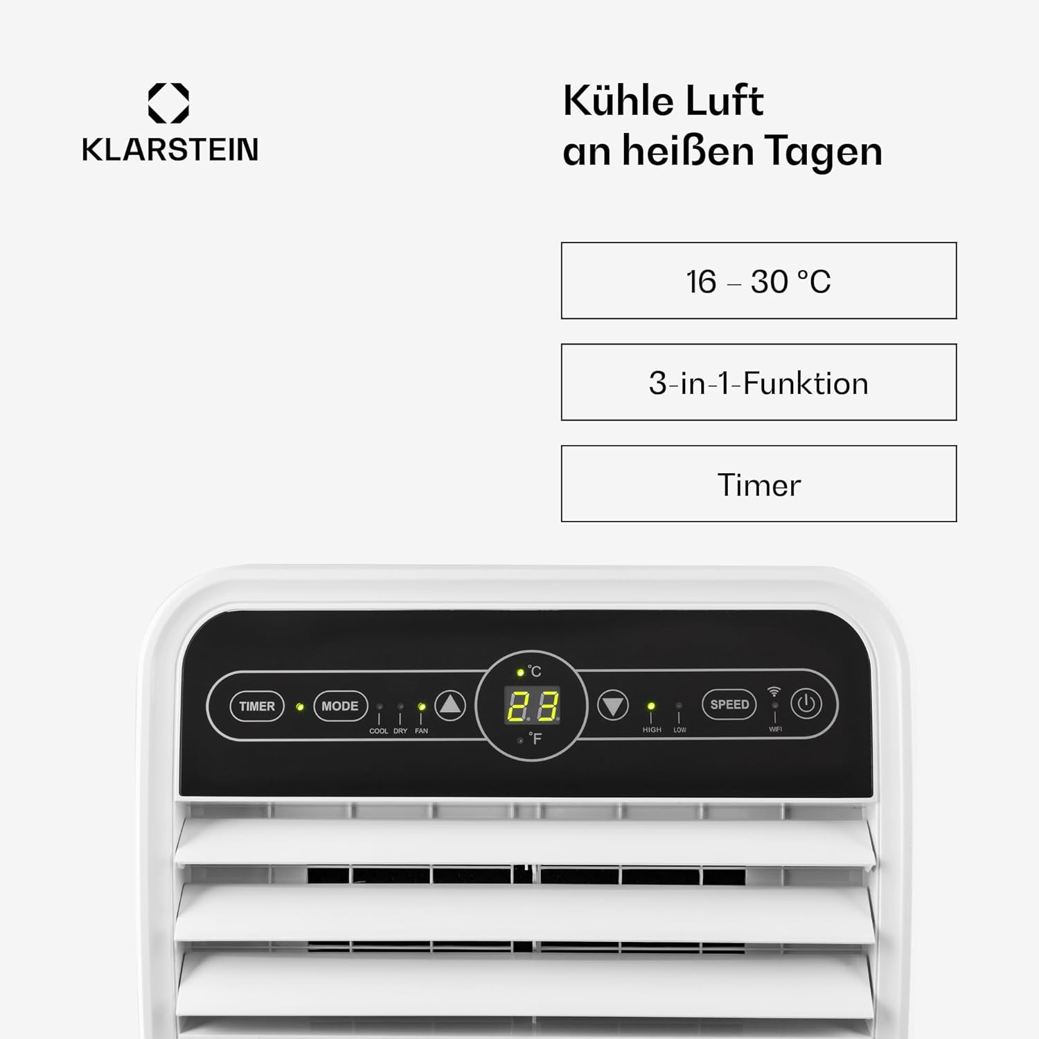 Klarstein Mobile Klimaanlage mit Abluftschlauch, 4-in-1 Klimagerät mit Ventilator, Luftentfeuchter & Nachtmodus, Kleine & Portable Klimaanlage für Wohnung & Büro, Niedriger Verbrauch, 9000 BTU