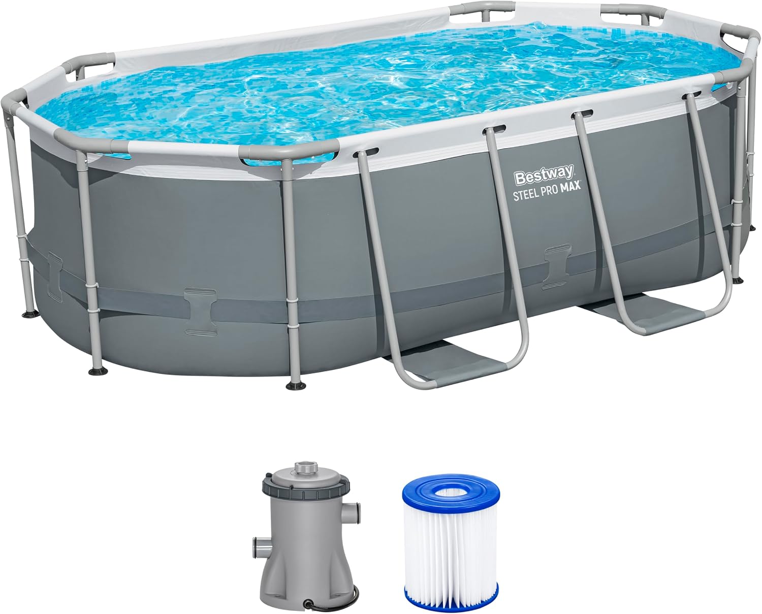 Bestway Power Steel Frame Pool Set mit Filterpumpe 305 x 200 x 84 cm, grau, oval