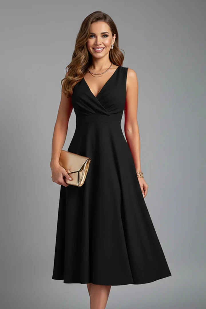 ?rmelloses Damen Midi-Kleid mit V-Ausschnitt und verdecktem Rei?verschluss | Klassisches A-Linien Kleid mit ausgestelltem Rock