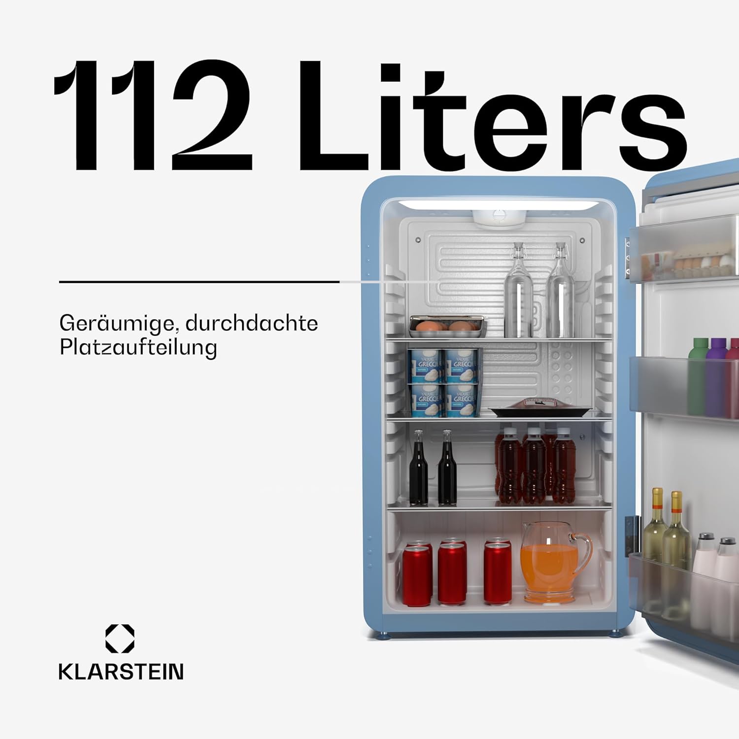 Klarstein Audrey Evo 112L Retro Mini-Kühlschrank - Leise 40 dB, Flexibel Mit Wendetür & Verstellbaren Füßen, Kompakter Kleiner Kühlschrank Für Schlafzimmer & Büros, Blau