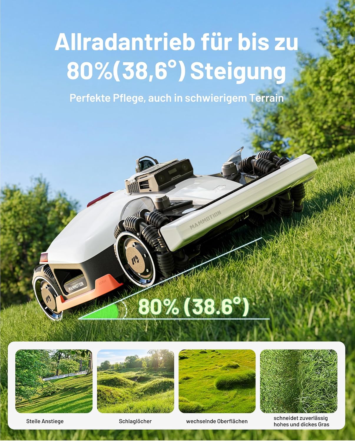 MAMMOTION LUBA 3 AWD 3000 Mähroboter ohne Begrenzungskabel für 3000m2, 360° LiDAR+NetRTK+KI Vision Tri-Fusion-Positionierung, AWD für 80% Steigungen, Keine RTK-Basisstation, bis zu 30 Zonen, 12Ah Akku
