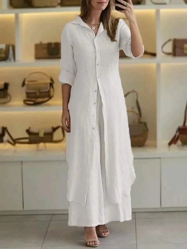 Leinen-Set Damen | Zweiteiler aus langer Bluse und weiter Hose | Luftiger Sommer-Zweiteiler f��r Damen | Atmungsaktiv & Bequem