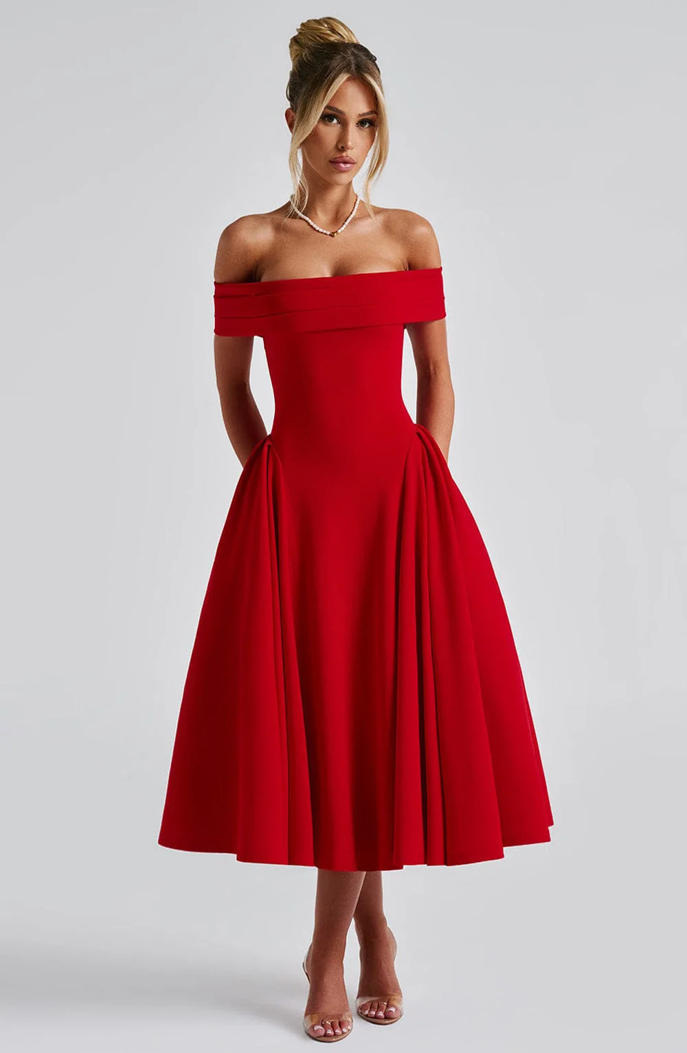 Schulterfreies Midi-Kleid mit ausgestelltem Rock | Festliches Kleid f��r Hochzeitsg?ste und besondere Anl?sse | Taillierter Schnitt
