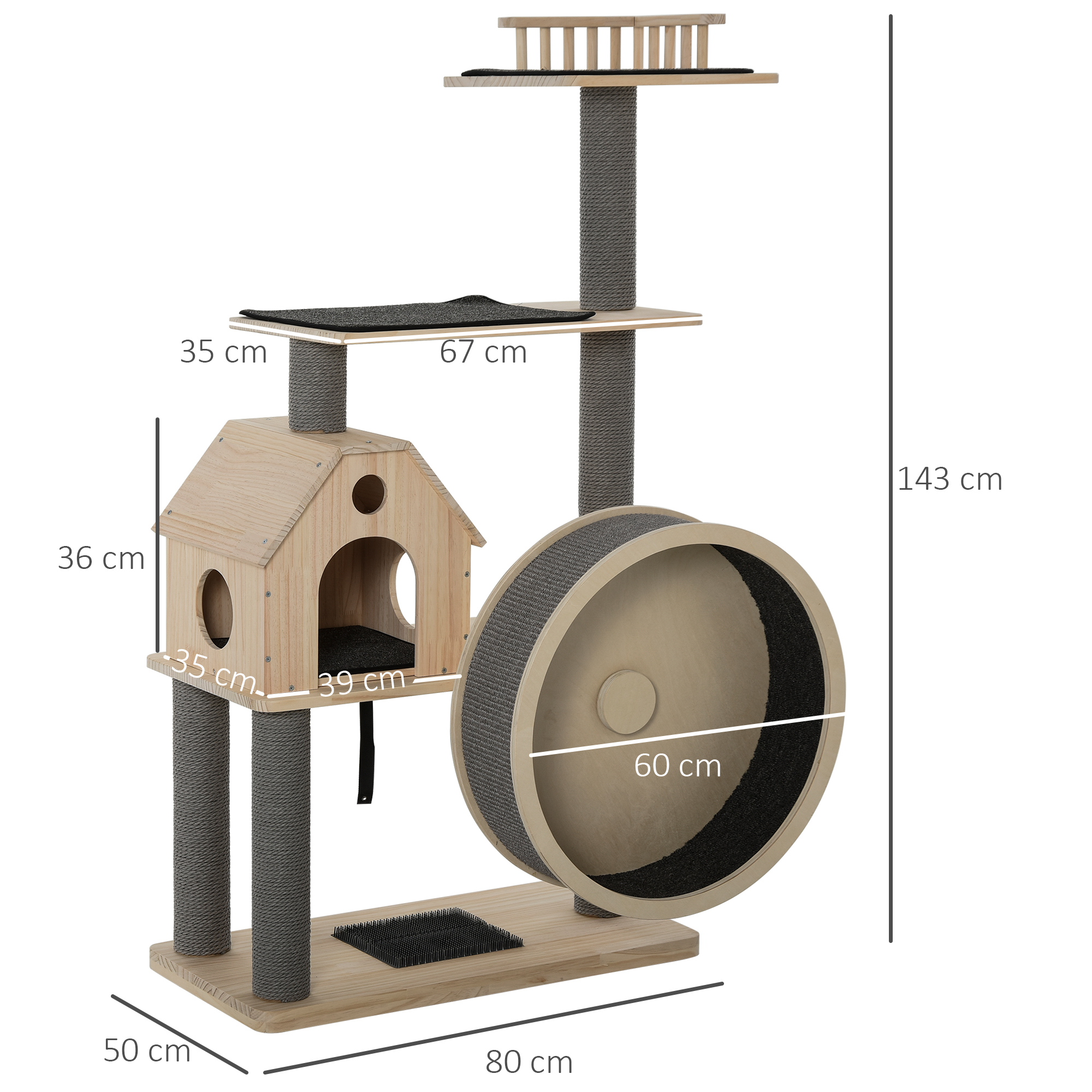 Kattenboom met loopwiel krabpaal met 4 verdiepingen kattenhuis met sisalpalen massief hout