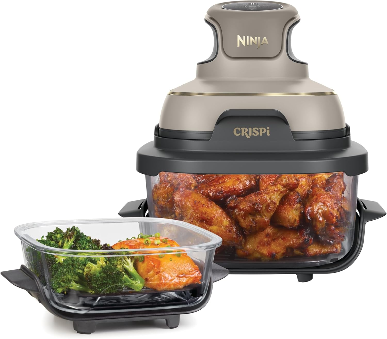 Ninja CRISPi tragbare Air fryer Heißluftfritteuse, 3,8 l, 4-in-1: Heißluftfrittieren, Braten, Warmhalten, Recrisp, 6 Portionen, 2x herausnehmbare Glasbehälter & Deckel, 1700 W, Stone Gold FN101EUSTGD