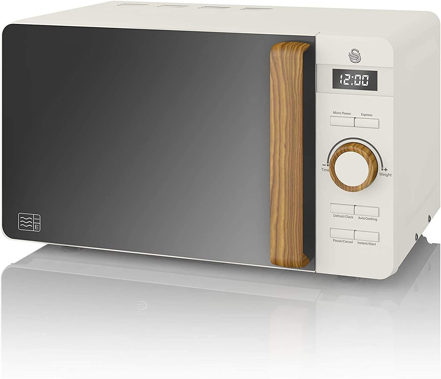 Swan Nordic 20 L digitaler Mikrowellenherd, 6 Leistungsstufen, 800 W Leistung, 30-Minuten-Timer, einfache Reinigung, Abtaumodus, modernes Design, Griff in Holzoptik, mattwei