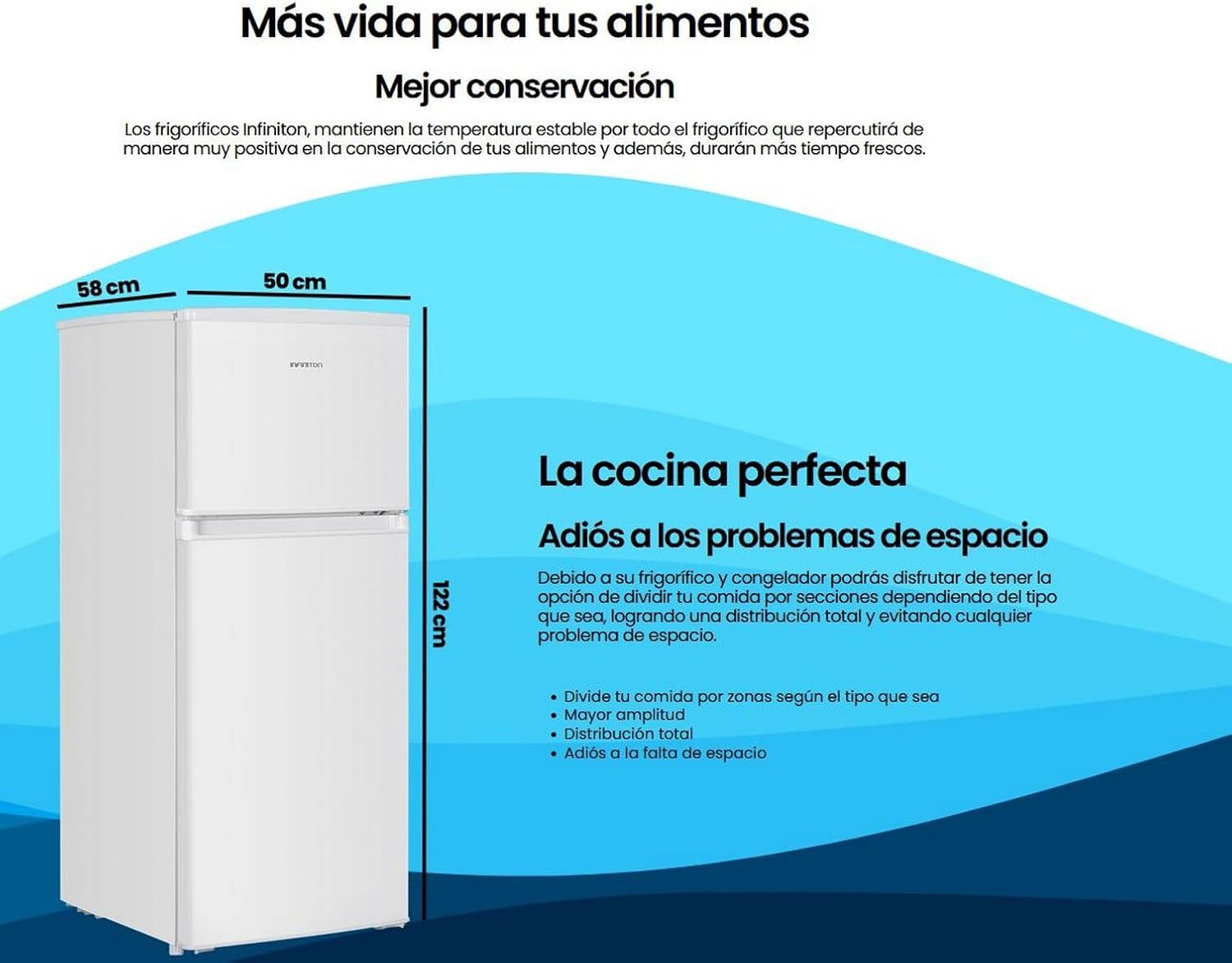 Frigorifico Dos Puertas Infiniton FG-151D12BEV, 151 Litros, 122 cm de Altura, Ancho de 50 cm, Ciclico, LED Interior, Regulación en altura, E, Blanco