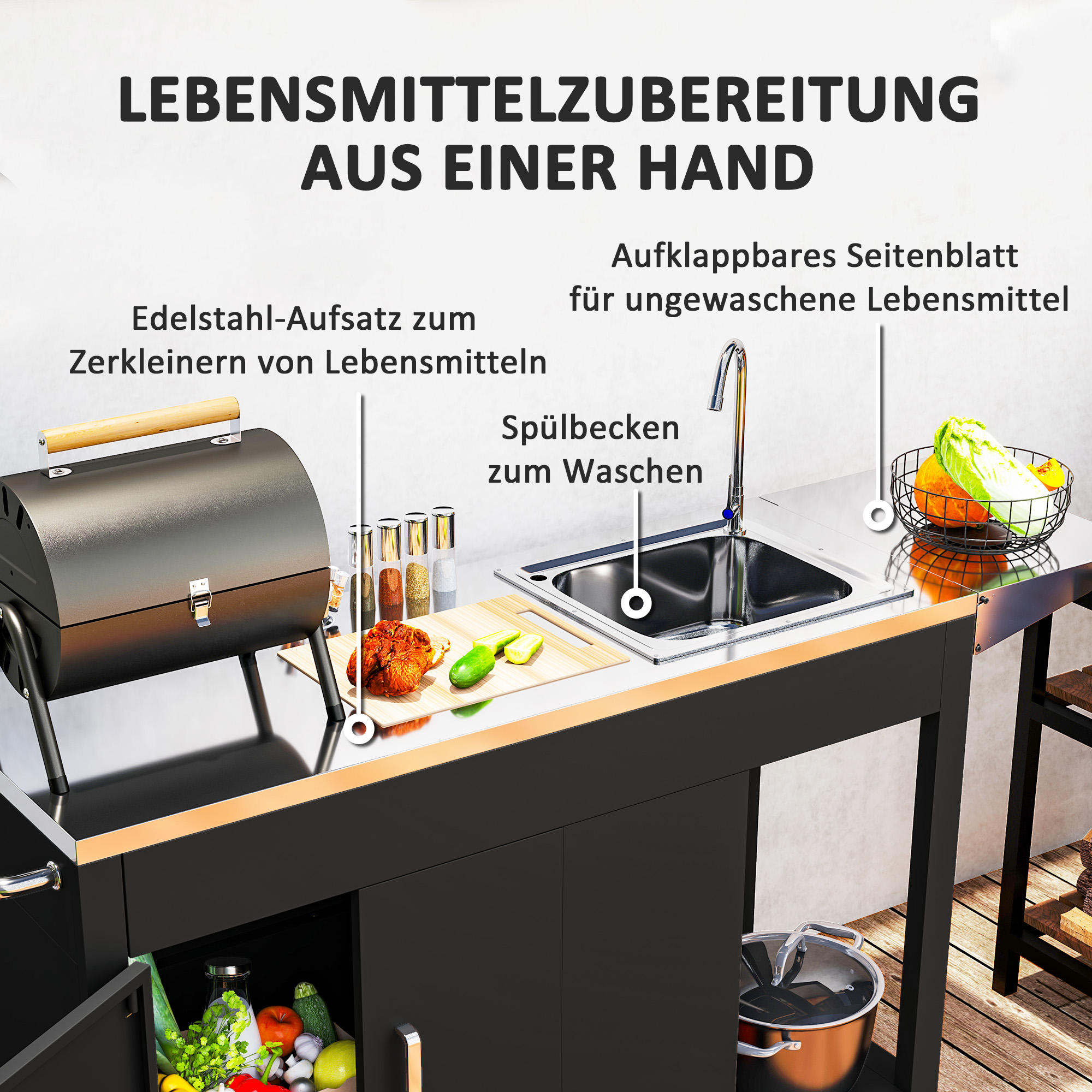 Outsunny Grillwagen Serveerwagen met Werkblad, Uitklapbare Zijplank, Kast, Spoelbak, Wielen, Roestvrij Staal 162,5x47x87cm Zwart
