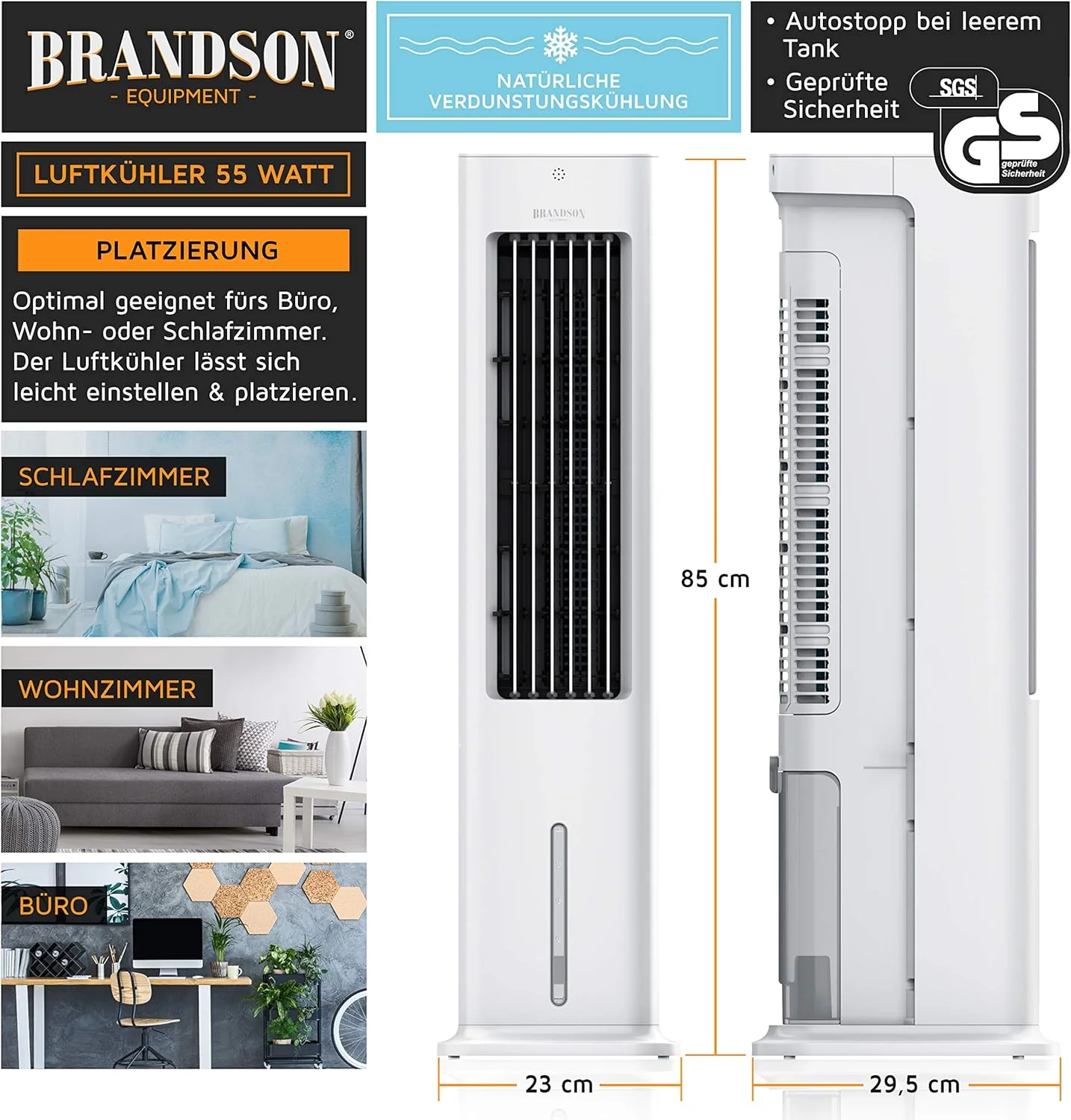 Brandson - Luchtkoeler met waterkoeling 5-in-1 - Verdampingskoeler, luchtbevochtiger, ventilator & luchtreiniger, mobiele airconditioning zonder afvoerslang - Prijswinnaar 2025 - stil - 5L watertank
