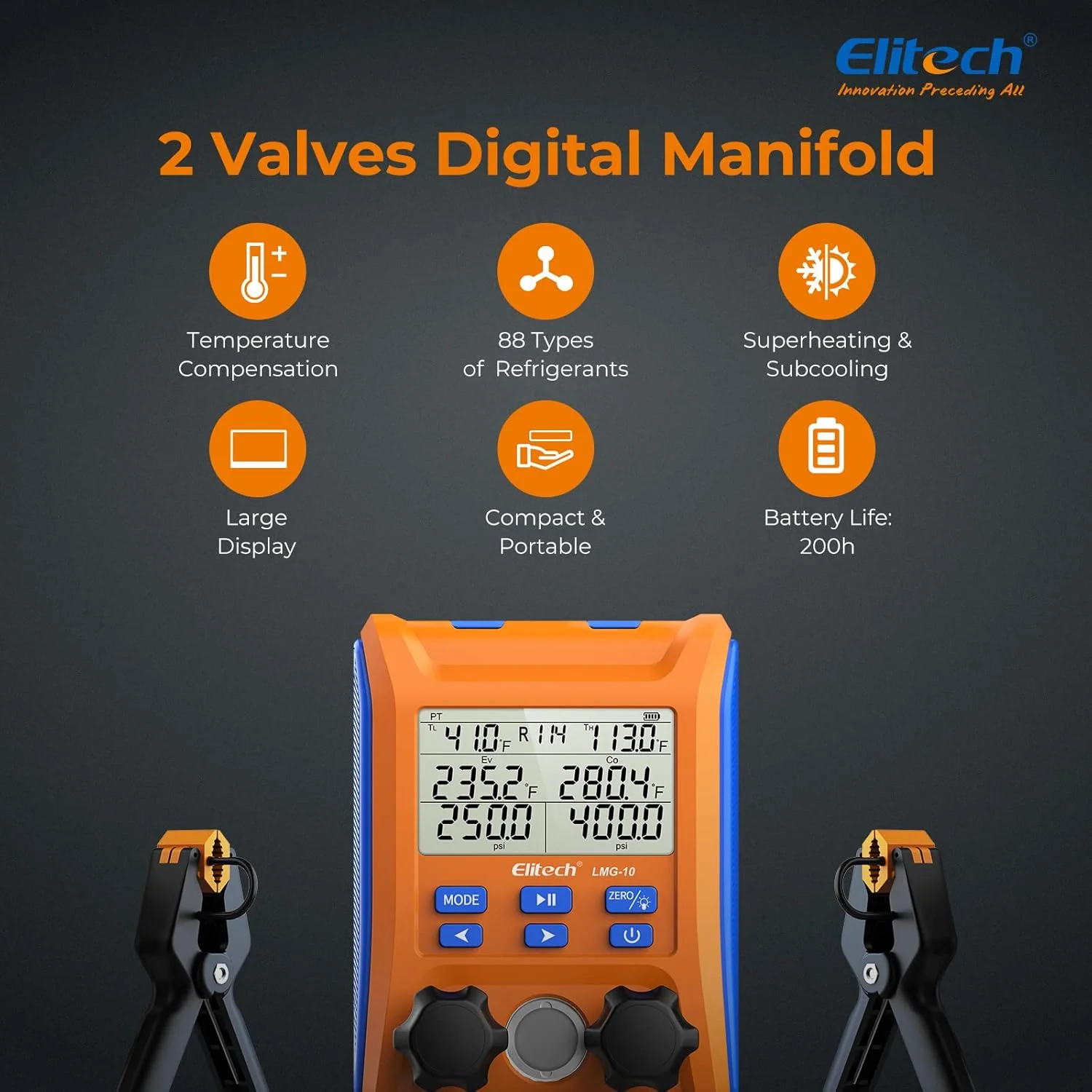 Elitech K?ltetechnik die Monteurhilfe Manifold Gauge Set, Hochpr?zises Vakuum Drucktemperatur Lecktester Tester Digitales Messger?t f��r K��hlschr?nke LMG-10