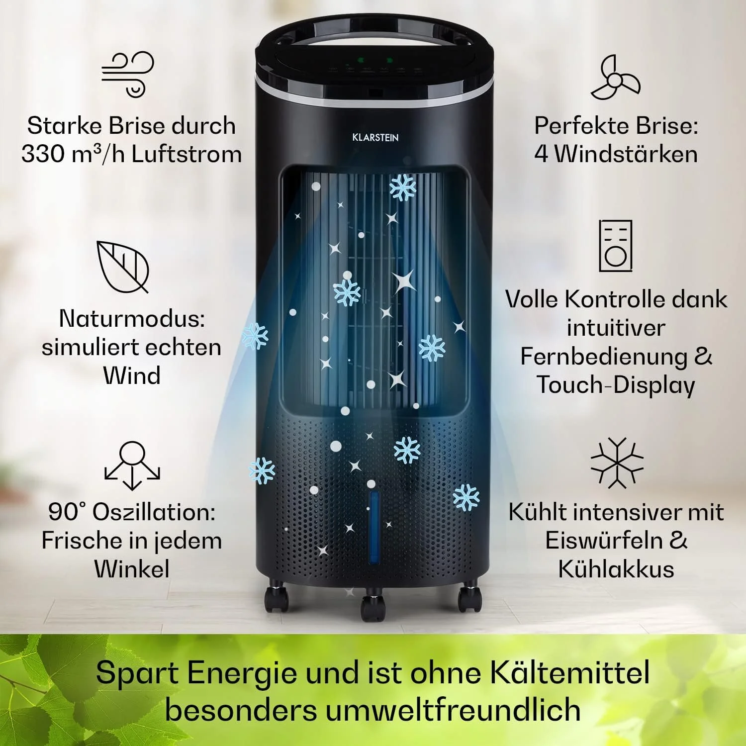 Klarstein Luftk��hler mit Wasserk��hlung, Leiser 4-in-1 Verdunstungsk��hler, Luftbefeuchter, Ventilator & Nachtmodus, Mobile Klimager?te Luftk��hler 7L, 65W Air Cooler, 330m3/h K��hlender Luftstrom