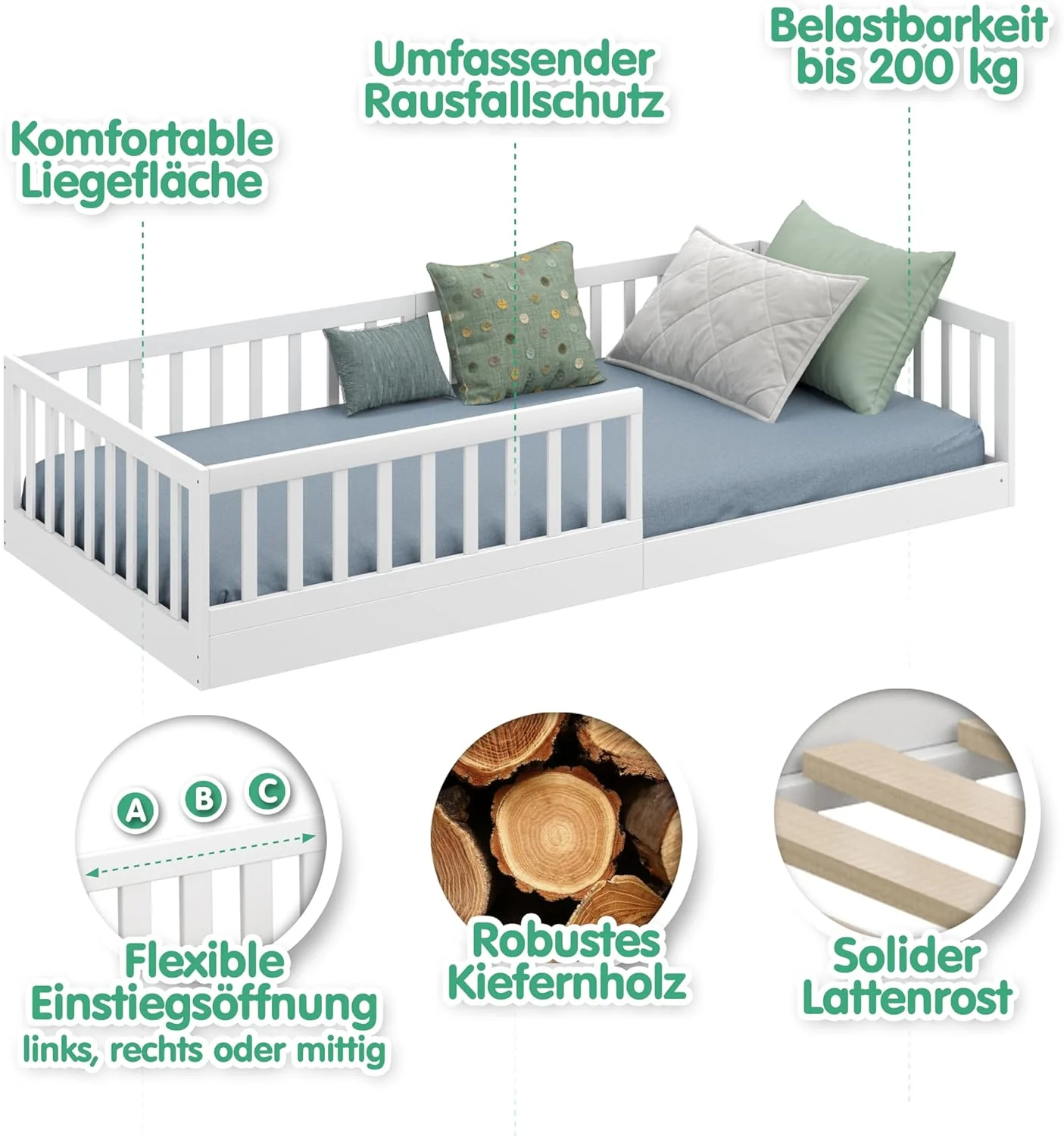 CADANI Timi 2-in-1 Vloerbed 140x200 cm Montessori Kinderbed met uitneembare valbeveiliging incl. lattenbodem, massief grenenhout, wit - 3 opbouwmogelijkheden, belastbaar tot 200 kg, ombouwbaar