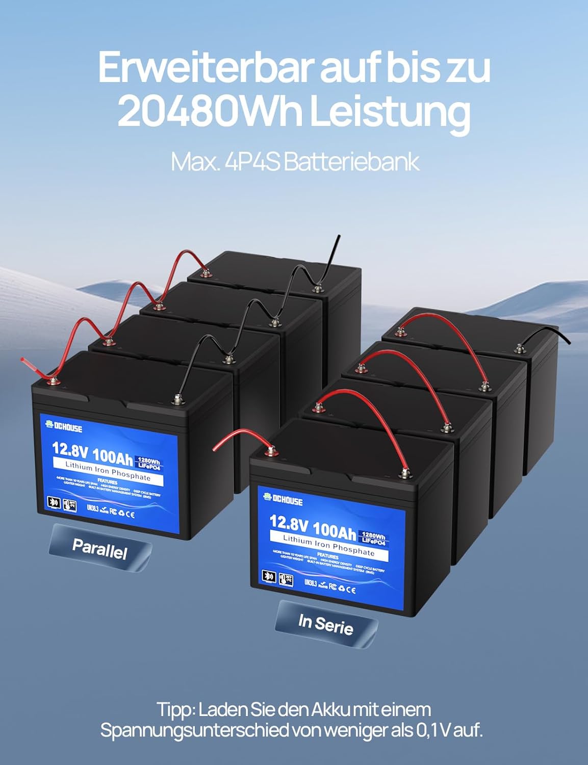 DCHOUSE 12V 100AH LiFePO4 Bluetooth Lithium Batterie,mit 10A Batterie Ladegeräte,100A BMS Niedertemperaturschutz,1280Wh Autobatterie für Trolling-Motor,Wohnmobil,Wohnwagen,Solaranlage