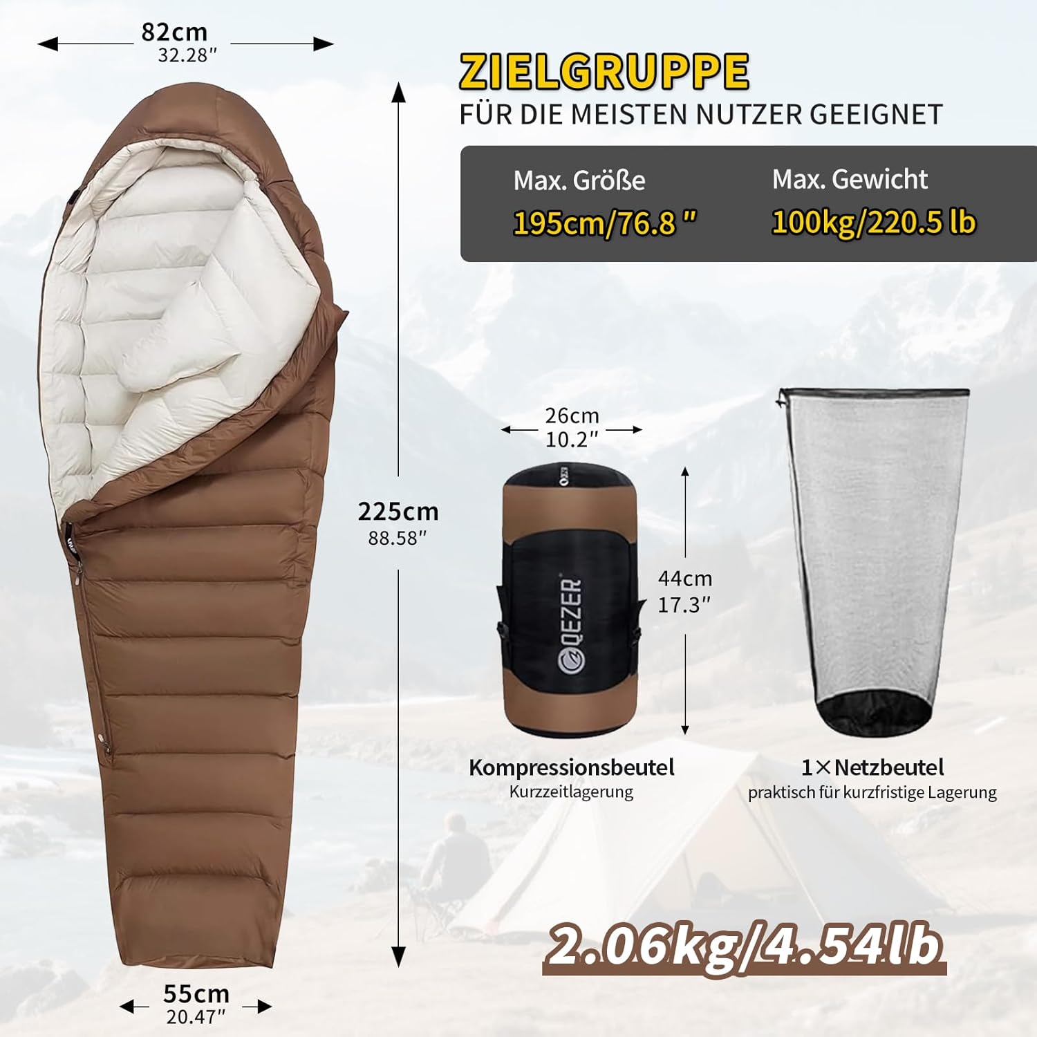 Daunenschlafsack, Winterschlafsack, gefüllt mit 650er Entendaunen. RDS-Zertifiziert. Geeignet für Temperaturen von 8 °C bis -30 °C, ideal zum Campen und Bergsteigen.