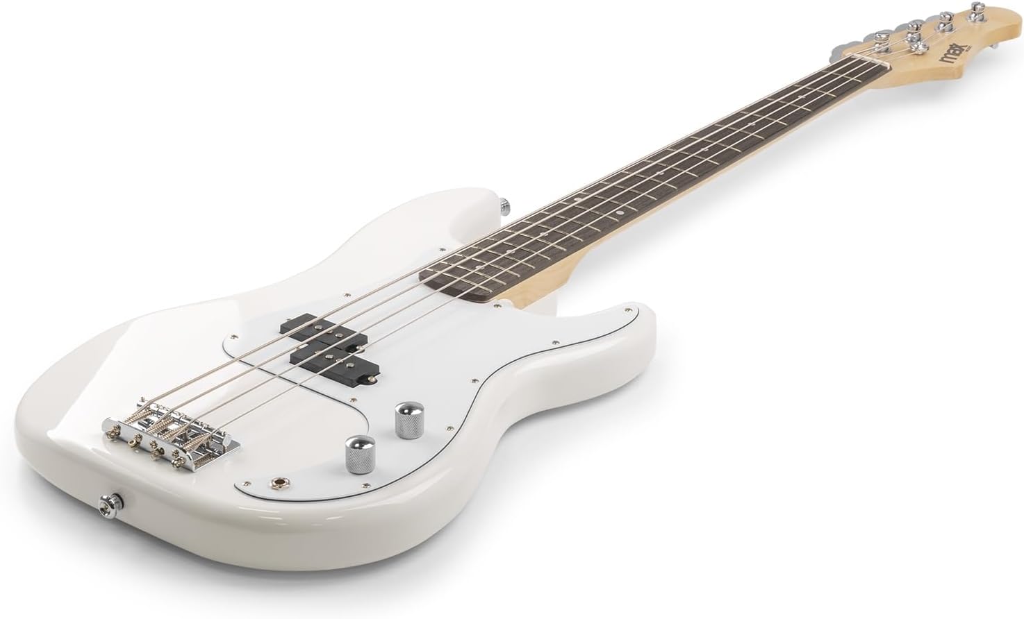 MAX GigKit Bassgitarre Set, E Bass Gitarre, Bass Guitar mit Gitarrenverstärker, Tasche, Stimmgerät, Plektren, Ständer, Gurt, Kabel und Ersatzsaiten - 21 Bünde - Weiß