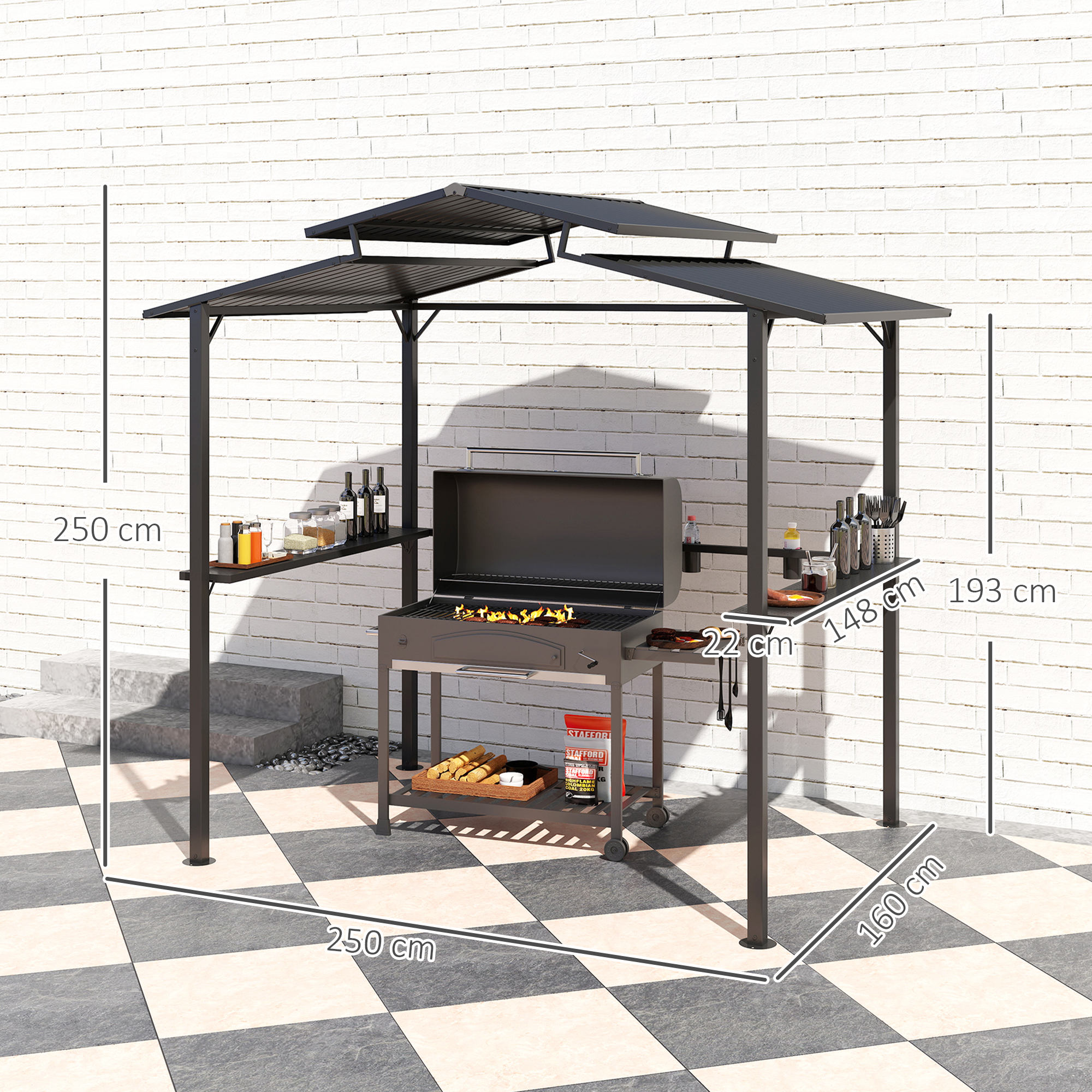 Grillpaviljoen 250 x 160 x 250 cm Waterdicht Tuinpaviljoen met Dubbellaagdak en Zijplanken, Zwart