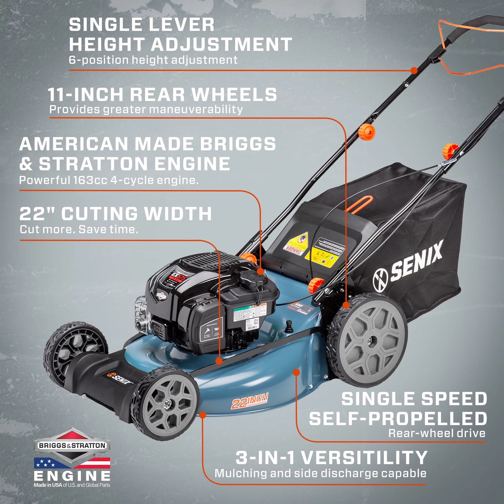 2025 SENIX Zelfrijdende Grasmaaier met Benzinemotor van 22 Inch en 163 cc, Achterwielaandrijving, 3-in-1 Functie, Automatisch Starten met Choke, Hoogteverstelling met Enkelhendel, Achterwielen van 11 Inch, Model LSSG-H1