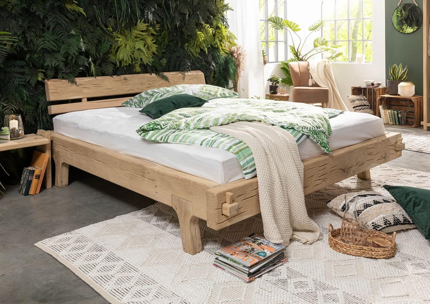 MASSIVMOEBEL24.DE Bett Holzbett Balkenbett Massivholzbett 200x200 Eiche Holz massiv Natur geölt Oak Heart #04