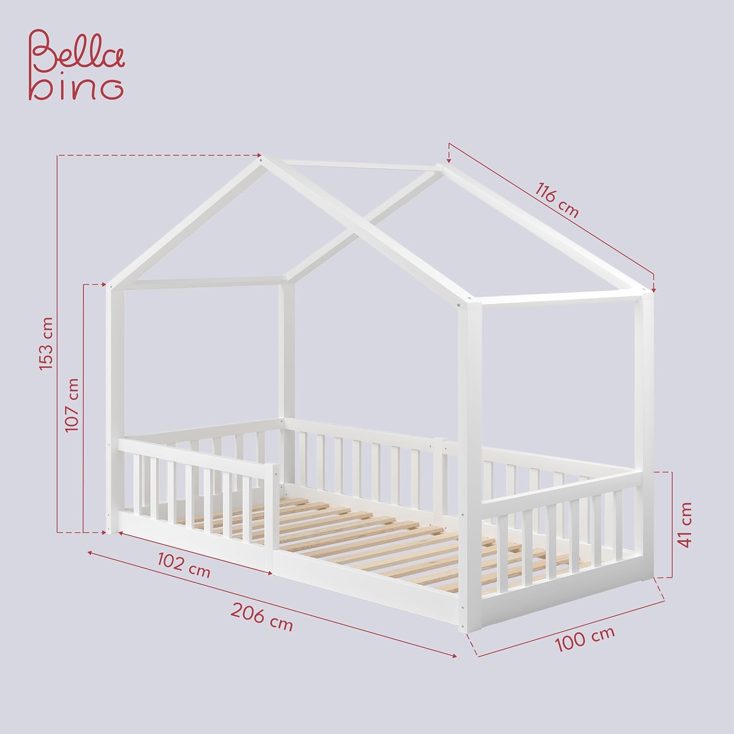 Bellabino Kinderbett Bia 140x200 cm, Hausbett Kinder inkl. Rausfallschutz und Rolllattenrost, Montessori Bodenbett weiß aus Massivholz Kiefer
