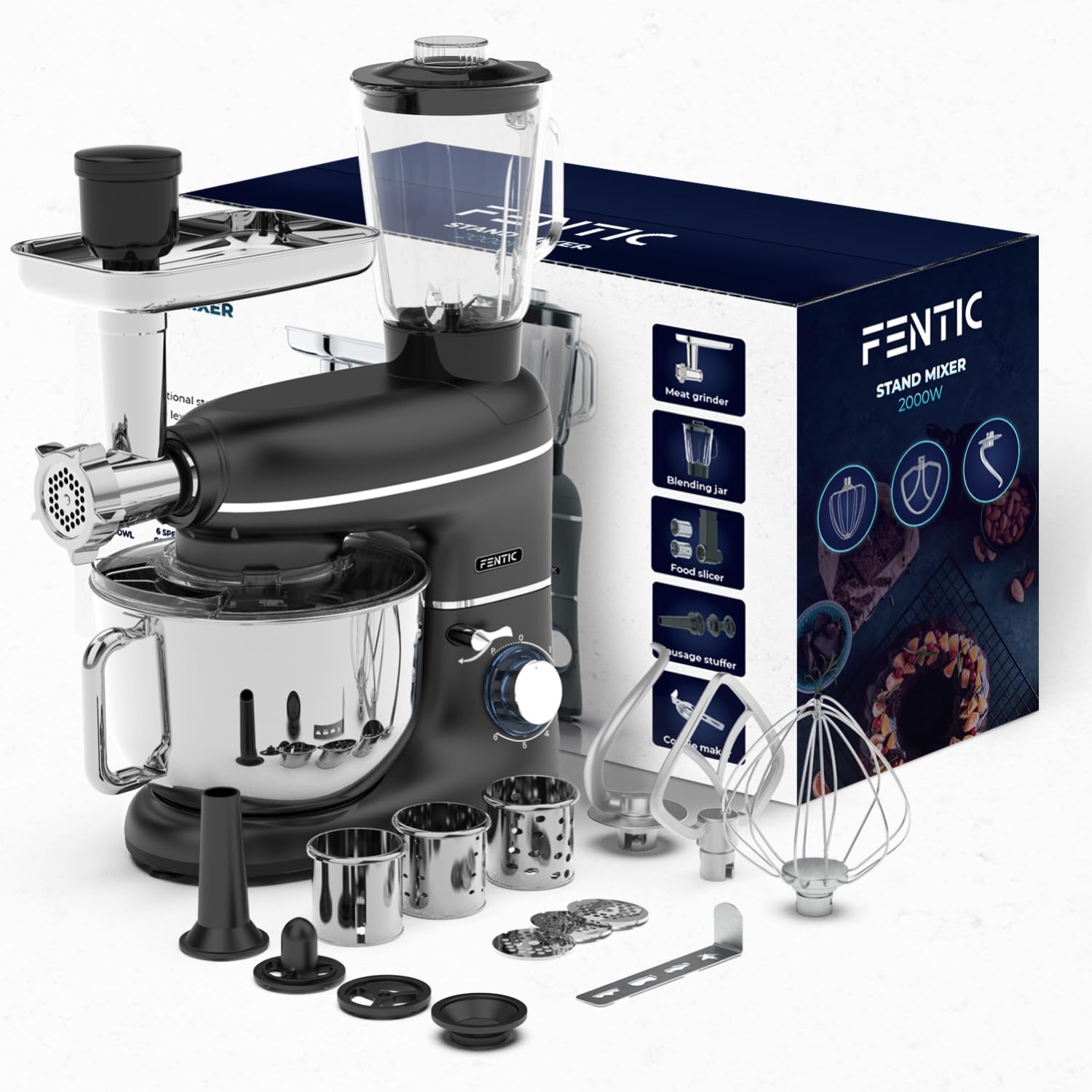 Fentic 6-in-1 Küchenmaschine – 2000W – Mit Fleischwolf, 1,5L Entsafter, Gemüseschneider und Mehr – Knetmaschine mit 6,2L Rührschüssel, Rührhaken, Knethaken, Schlagbesen und Spritzschutz (Schwarz)