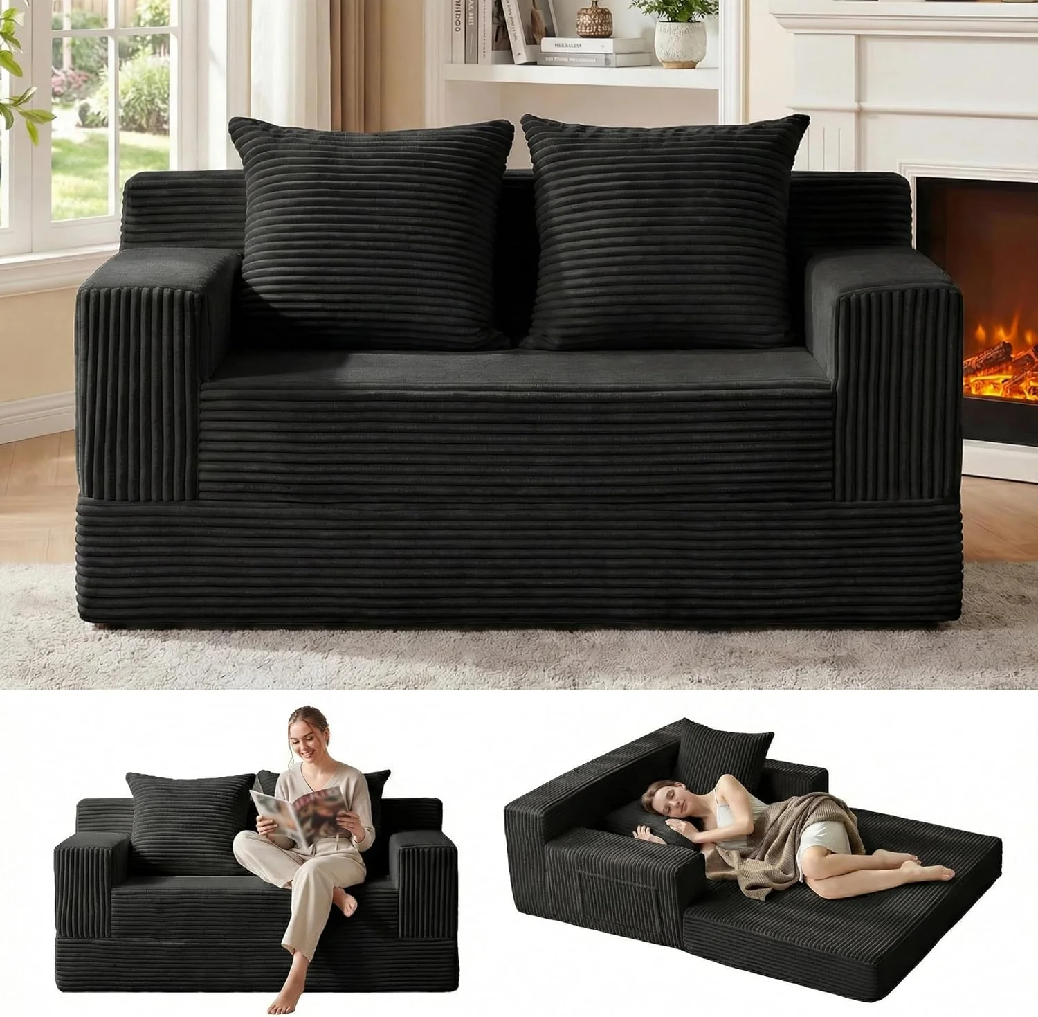 Loveseat Boneless Convertible Sofa Bed. Folding Floor Futon Sleeper Sofa Couch Bed- Boneless Foldable Couch. Corduroy Pull Out Sofa Bed with 2 Pillows for Living Room & Bedroom
