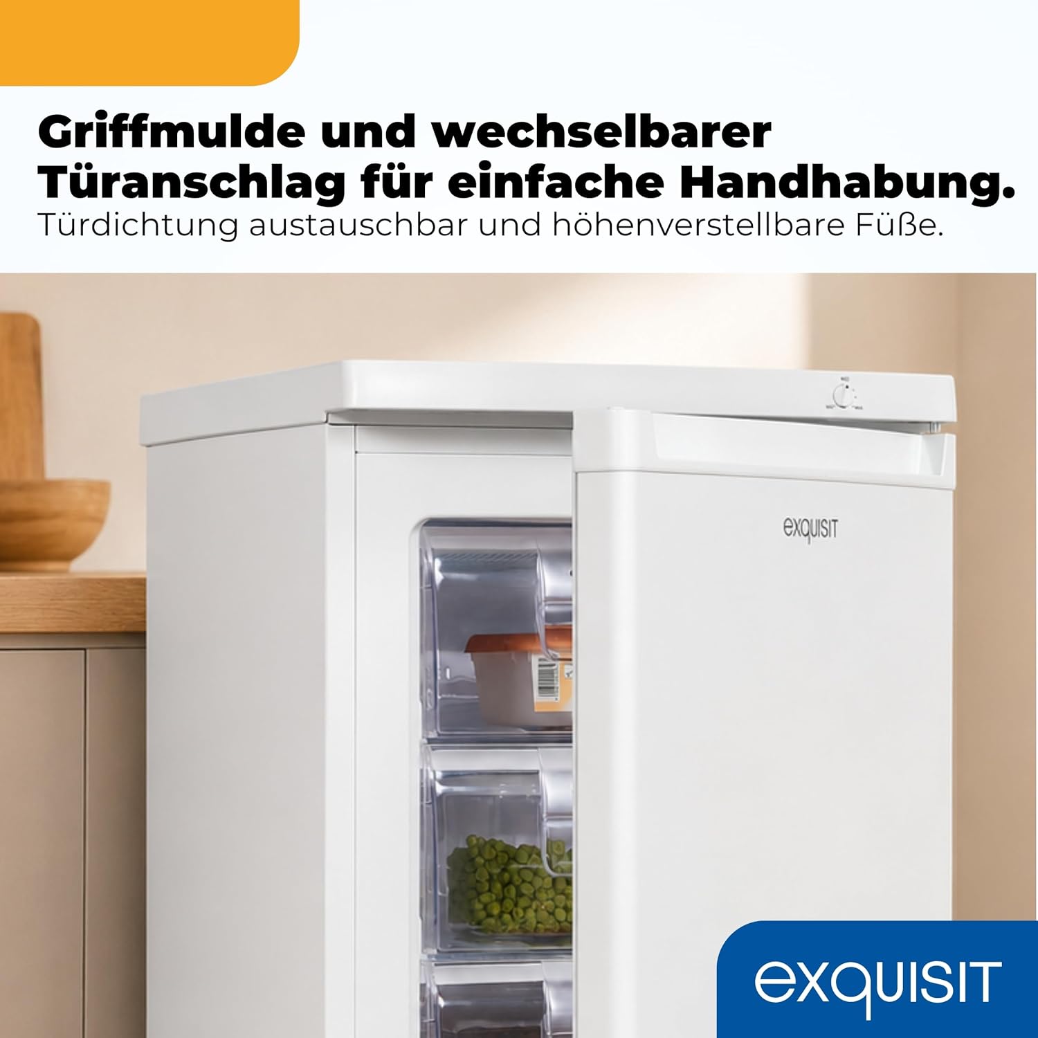 Exquisit Gefrierschrank | 91 l Nutzinhalt, Energieeffizienzklasse E, 40 dB(A) | kompakte Bauform, 4-Sterne-Gefrieren, manuelle Temperaturregelung, wechselbarer Türanschlag | GS512-040E weiss