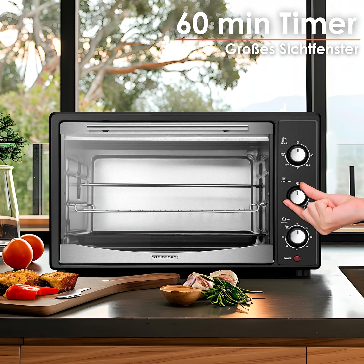 Mini Backofen 45 Liter mit Umluft | Elektrischer Drehspieß | 1800 Watt | Umluft Ofen | Pizzaofen | Innenbeleuchtung | Inkl. Backblech und Grillrost | Minibackofen | Kleiner Backofen | Miniofen