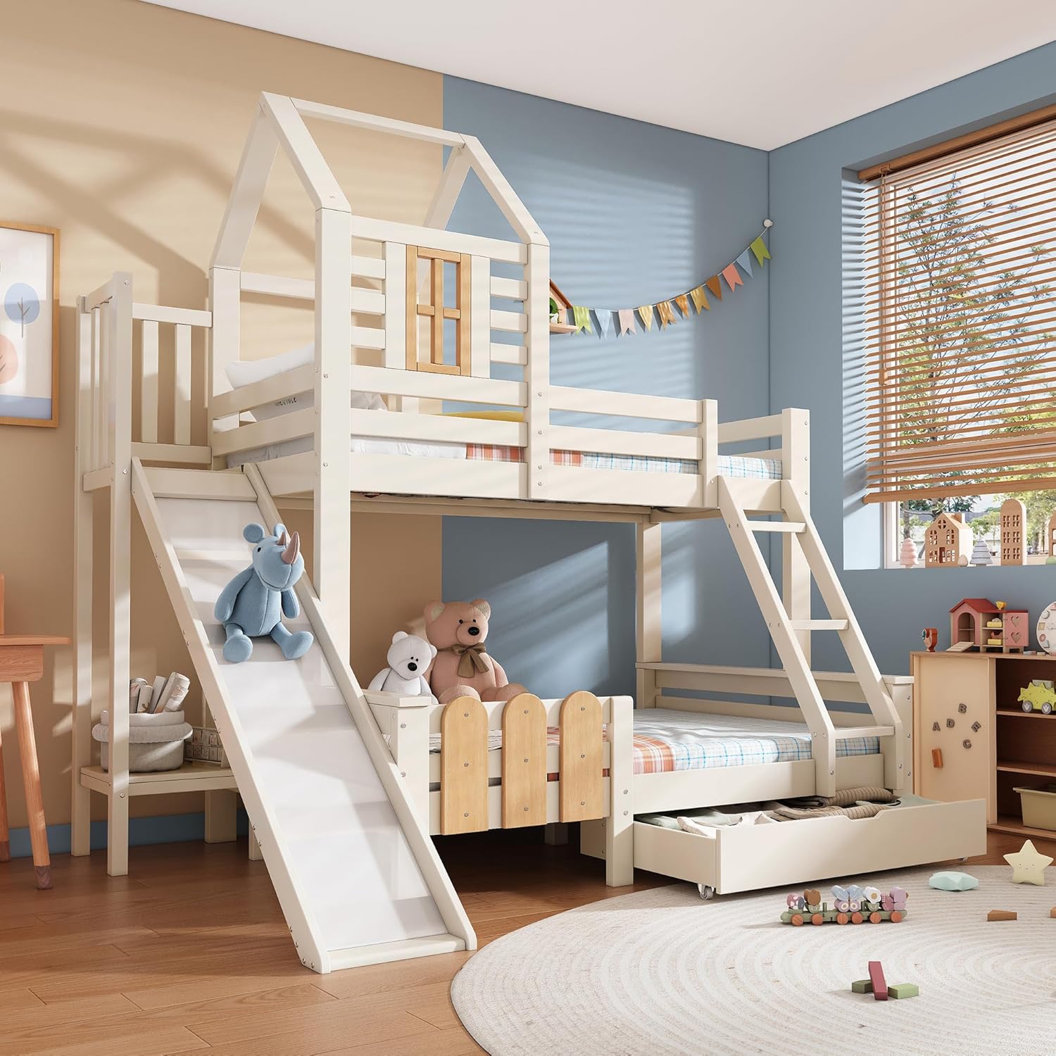 Kinderbett Etagenbett 90x200 & 140x200 cm mit Leiter & Rutsche, Hochbett Hausbett mit Bücherregal & Stauraum Schubladen, Bett Bettgestell mit Lattenrost & Rausfallschutz, Ohne Matratze, Weiß