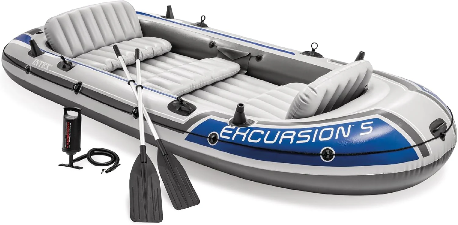 INTEX Excursion Inflatable Boat Series: Includes Deluxe 54in Boat Oars and High-Output Pump ?C SuperTough PVC ?C Adjustable Seats with Backrest ?C Fishing Rod Holders ?C Welded Oar Locks