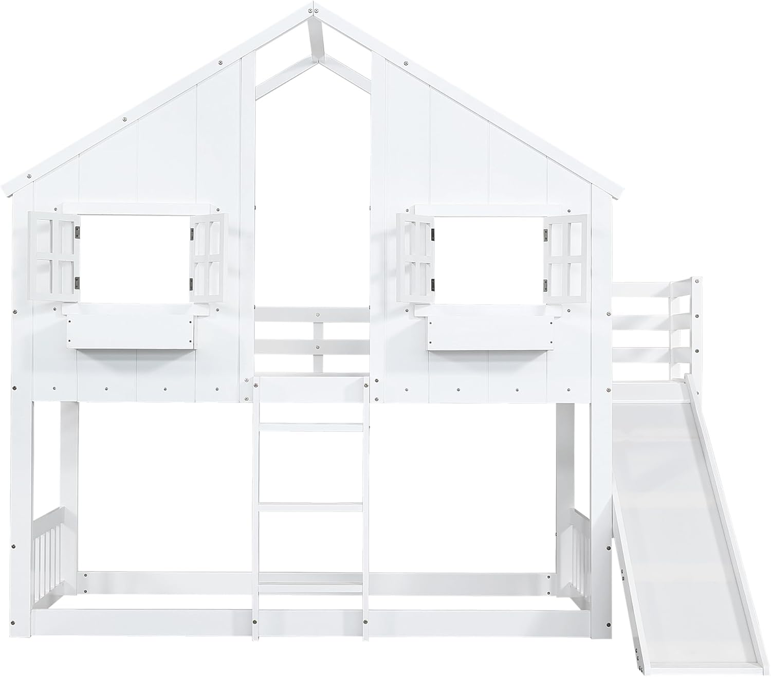 Kinderbett Etagenbett 90x200, Hochbett Hausbett für 2 Kinder, Stockbett mit Rutsche&Leiter&Fenstern&Dach&Aufbewahrungsbox, Doppelbett Holzbett mit Lattenrost&Rausfallschutz, Kiefer, Ohne Matratze,Weiß