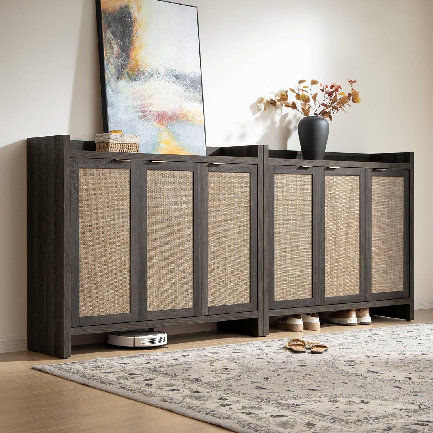 SICOTAS Shoe Storage Cabinet, 30 Pairs Rattan Shoe Cabinet Storage for Entryway