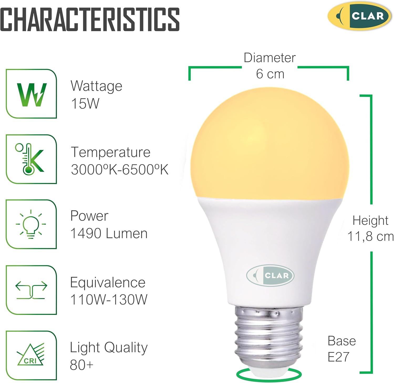 CLAR - E27 LED Warmweiss, LED Glühbirne E27, LED E27 Warmweiss, Glühbirne E27, LED Birne E27, Leuchtmittel E27, LED Glühbirne, Glühbirne LED, LED E27 100W-120W, 15W (Pack 100)
