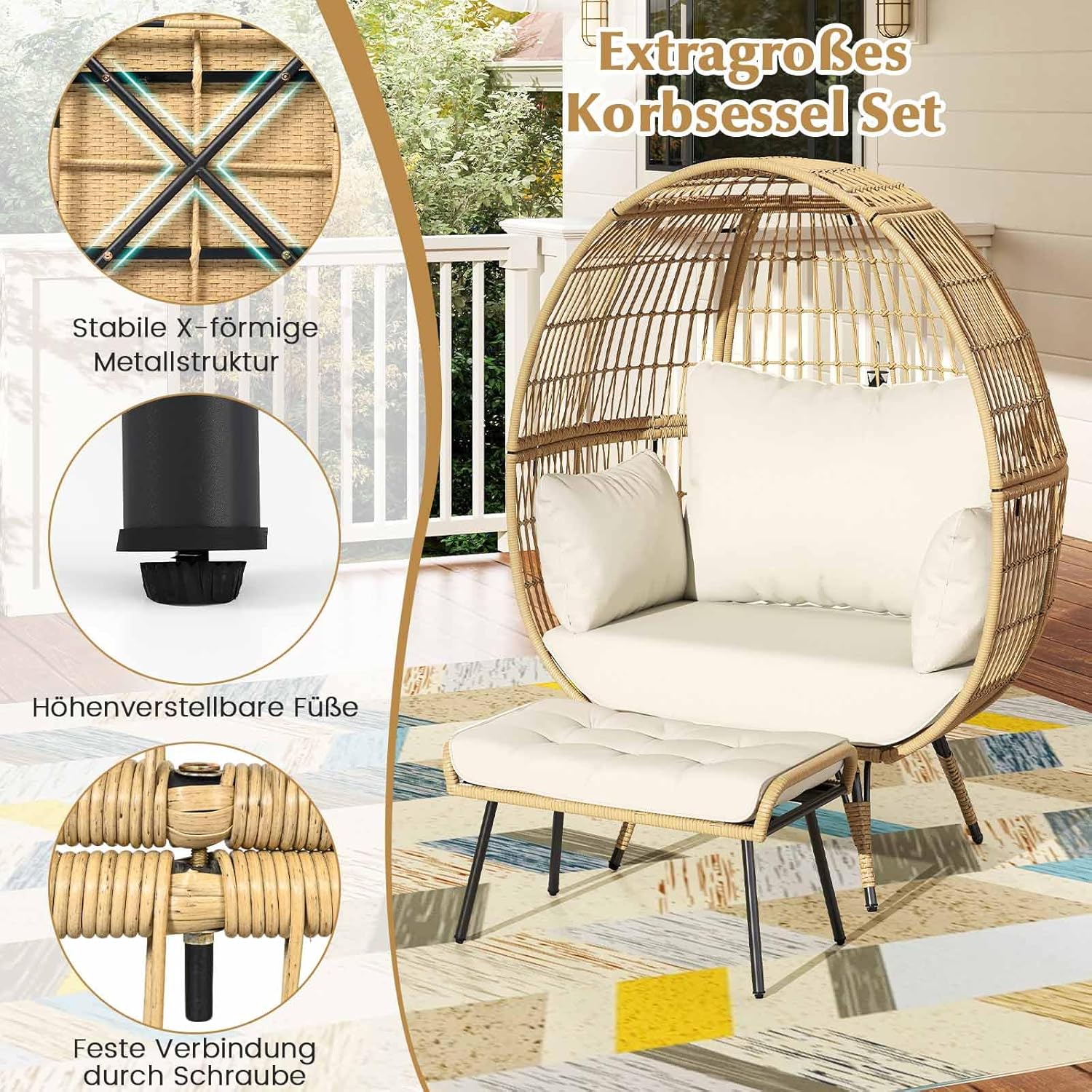 COSTWAY Korbsessel Rattan mit Hocker, übergroßer Gartensessel mit Kissen und Metallgestell, Rattansessel XXL, Loungesessel für Balkon, Garten, Wohnzimmer, Terrasse, Beige