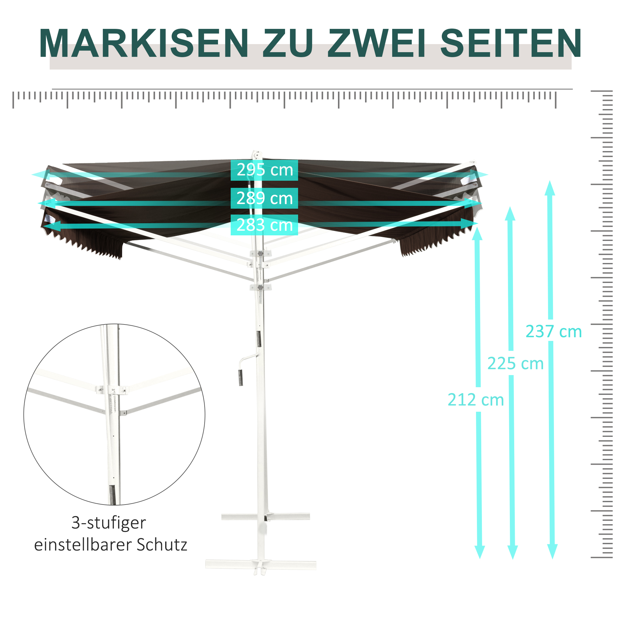 Verstelbare vrijstaande zonnescherm, handmatig bedienbaar, metalen frame, weerbestendig, 4x3m, Cr��me