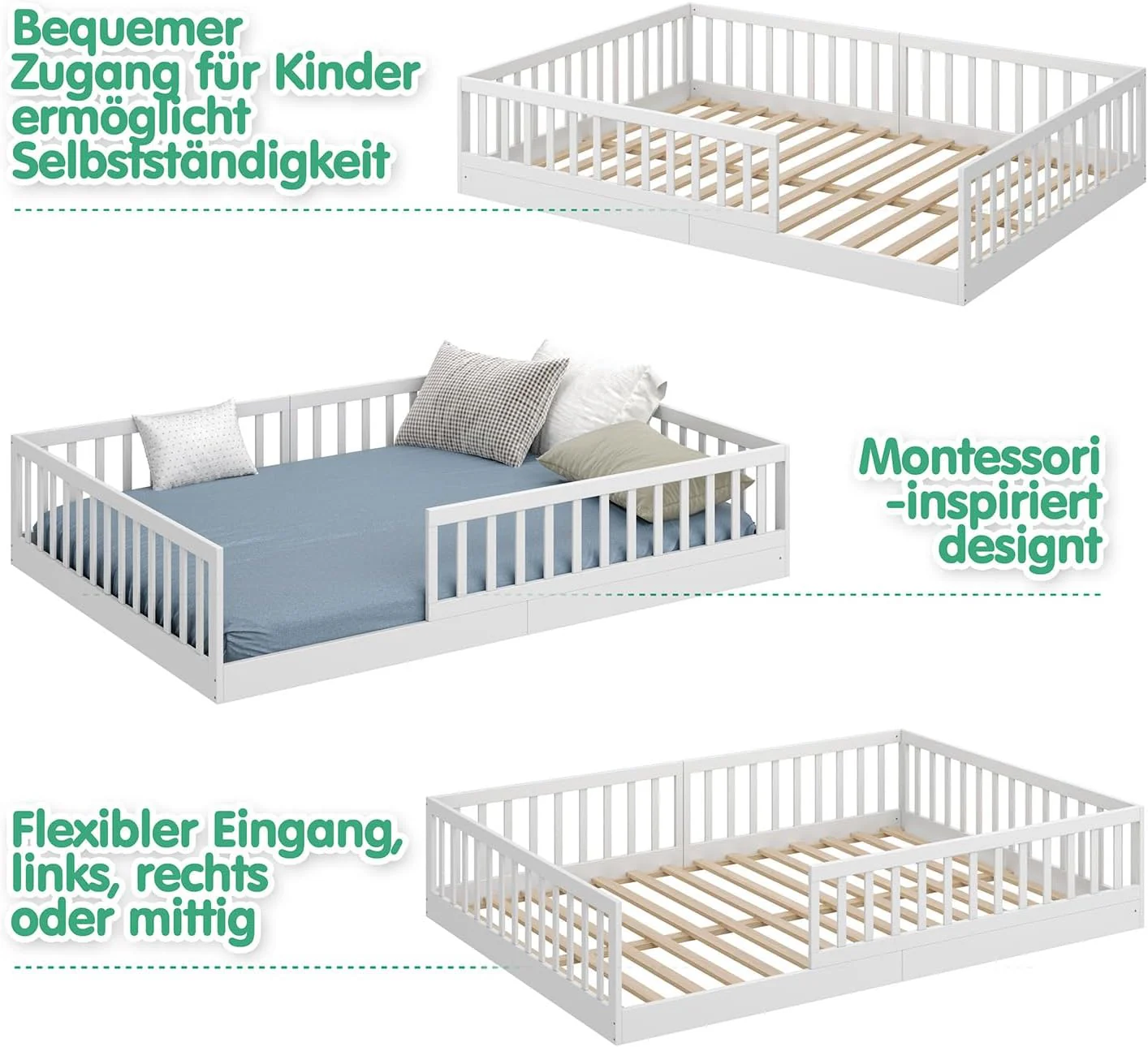 CADANI Timi 2-in-1 Vloerbed 140x200 cm Montessori Kinderbed met uitneembare valbeveiliging incl. lattenbodem, massief grenenhout, wit - 3 opbouwmogelijkheden, belastbaar tot 200 kg, ombouwbaar