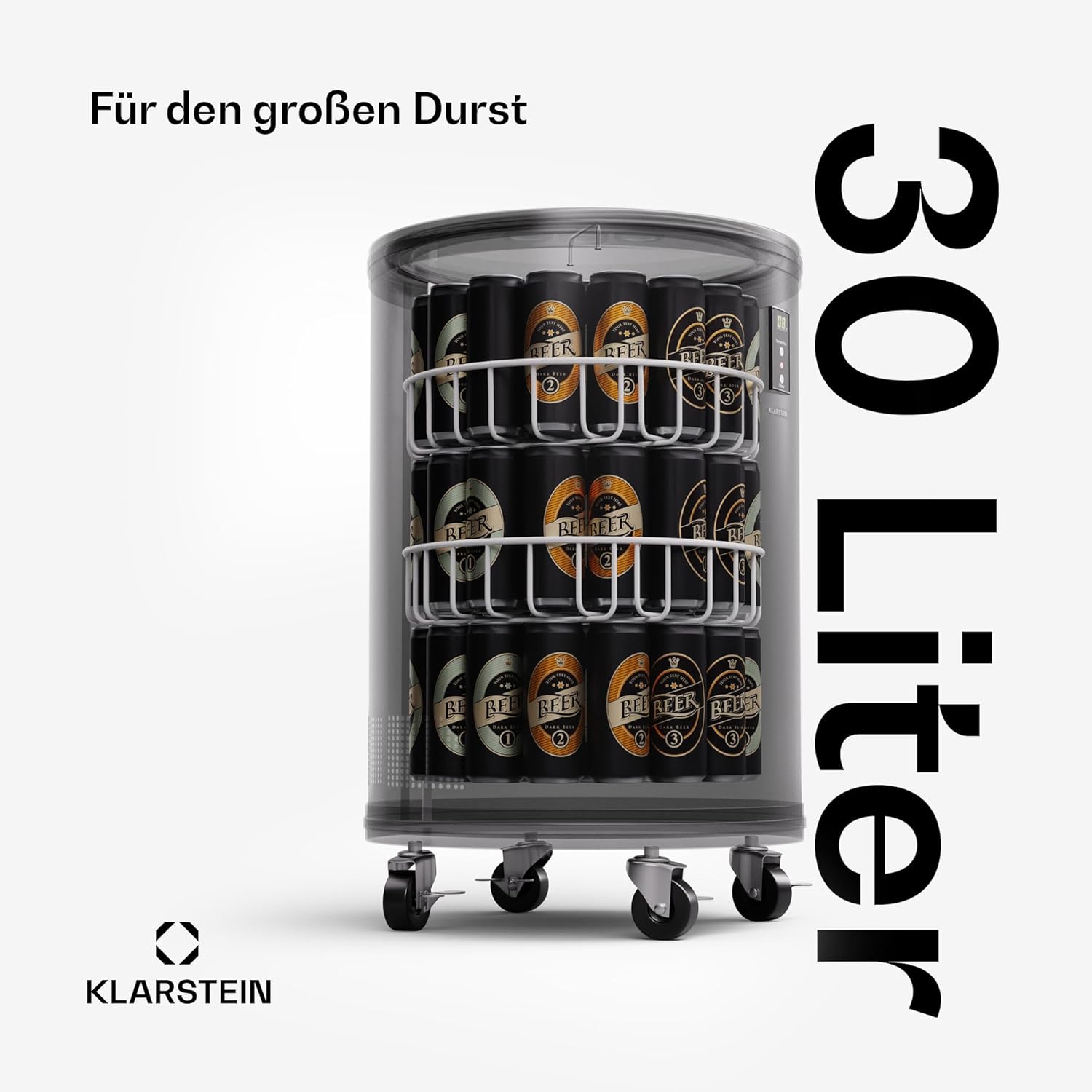 Klarstein Beersafe L Mini-Kühlschrank mit LED Display, Leiser Edelstahl-Kühlschrank, Indoor/Outdoor Getränkekühlschrank, Weinkühlschrank für Getränke, 30L Kühlschrank mit 360° Sicht, 0-16°C